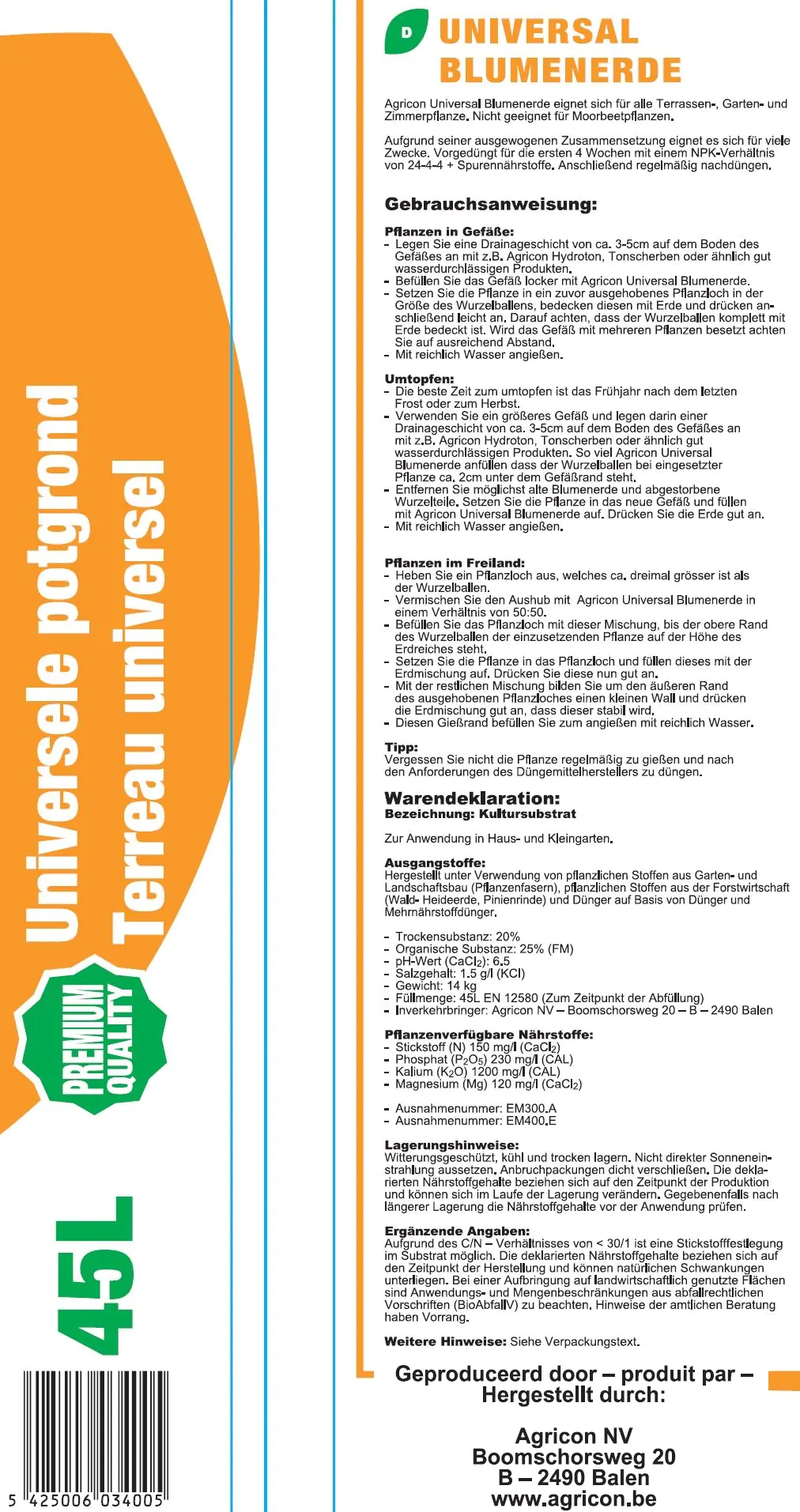 Agricon Universal Blumenerde 45 Liter torffrei