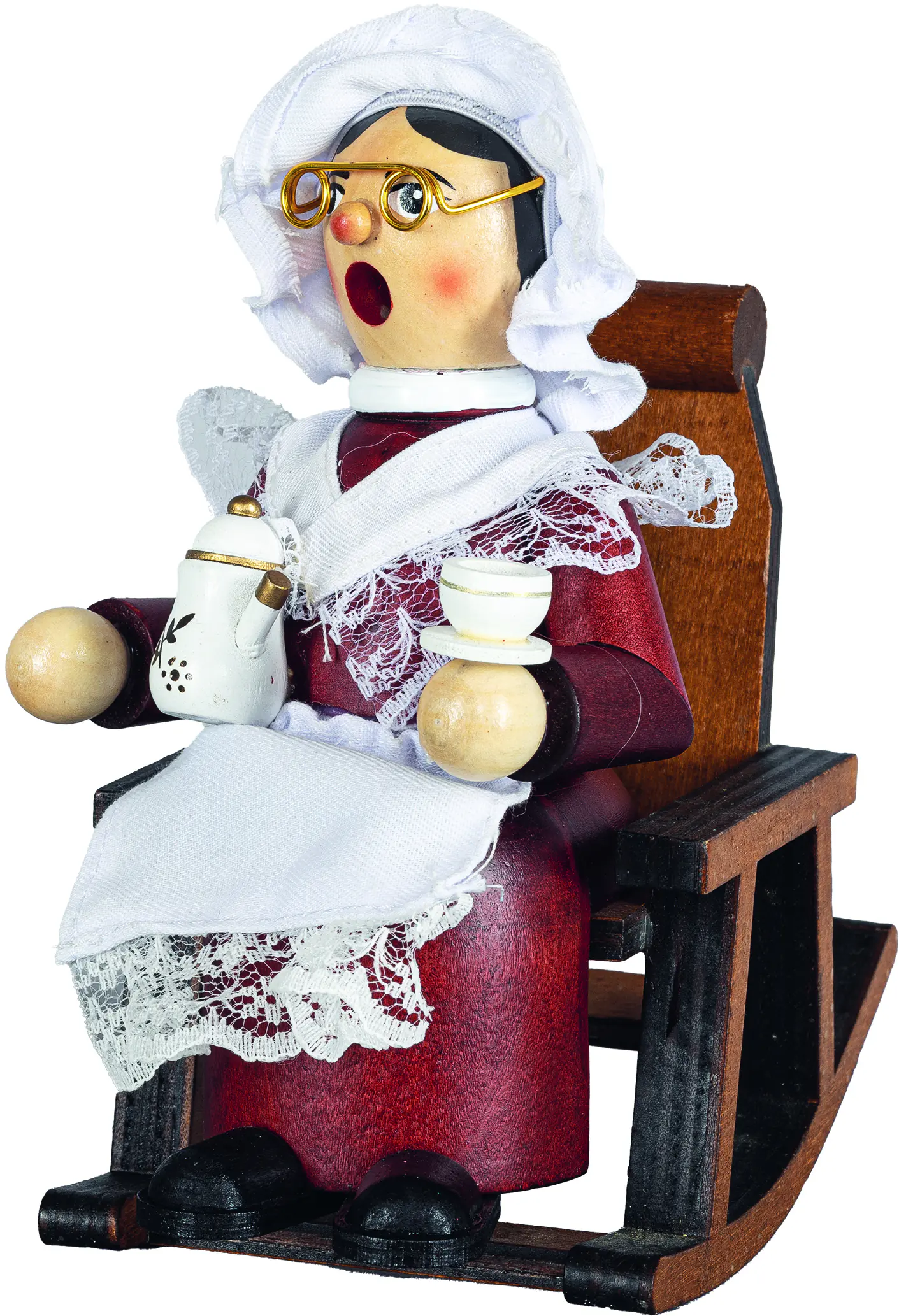 Saico Räucherfigur Oma im Schaukelstuhl Holz 16 cm weiß/rot