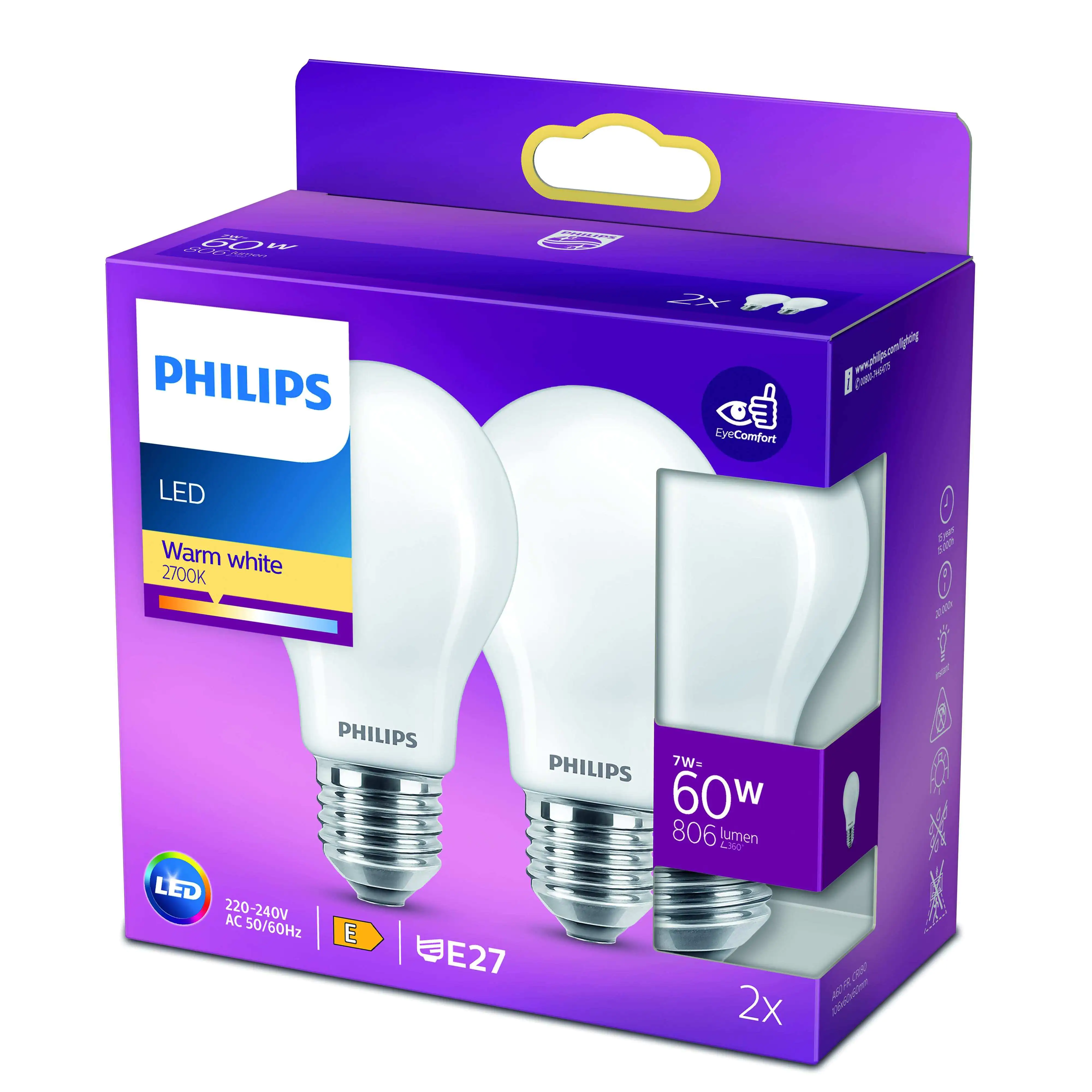 Philips LED-Leuchtmittel Birnenform A60 E27 7W warmweiß  2er Pack