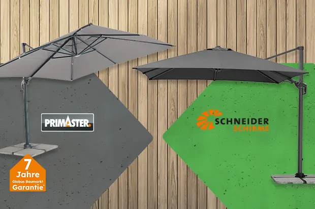 Vergleich von Ampelschirmen von Schneider Schirme und Primaster mit Bildern. Primaster mit 7 Jahre Globus Baumarkt Garantie.
