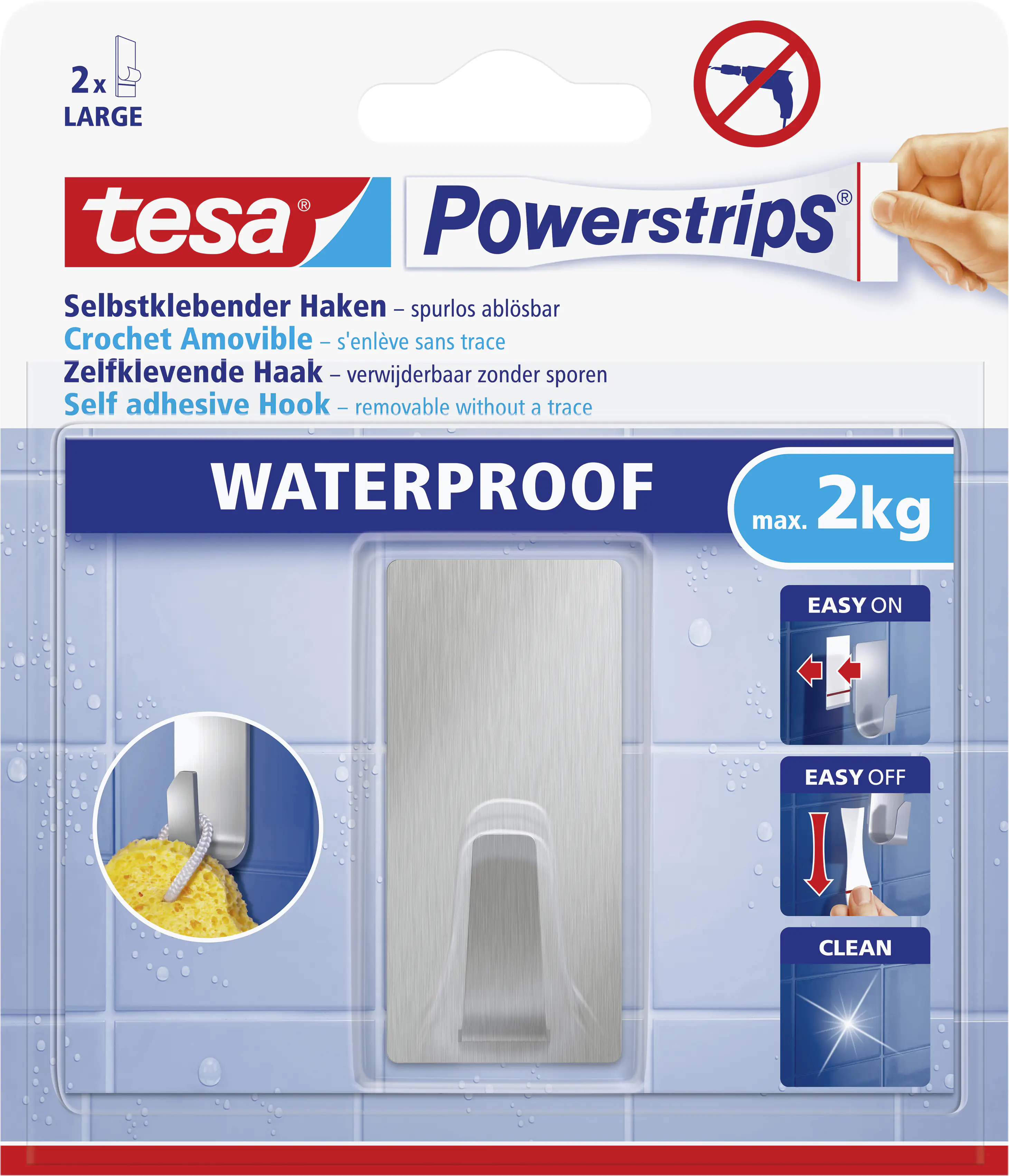 tesa Powerstrips Haken Large Waterproof rechteckig, Edelstahl