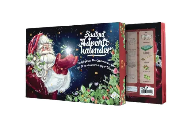 Saatgut Adventskalender Weihnachtsmann mit komplettem Mini Gewächshaus Set