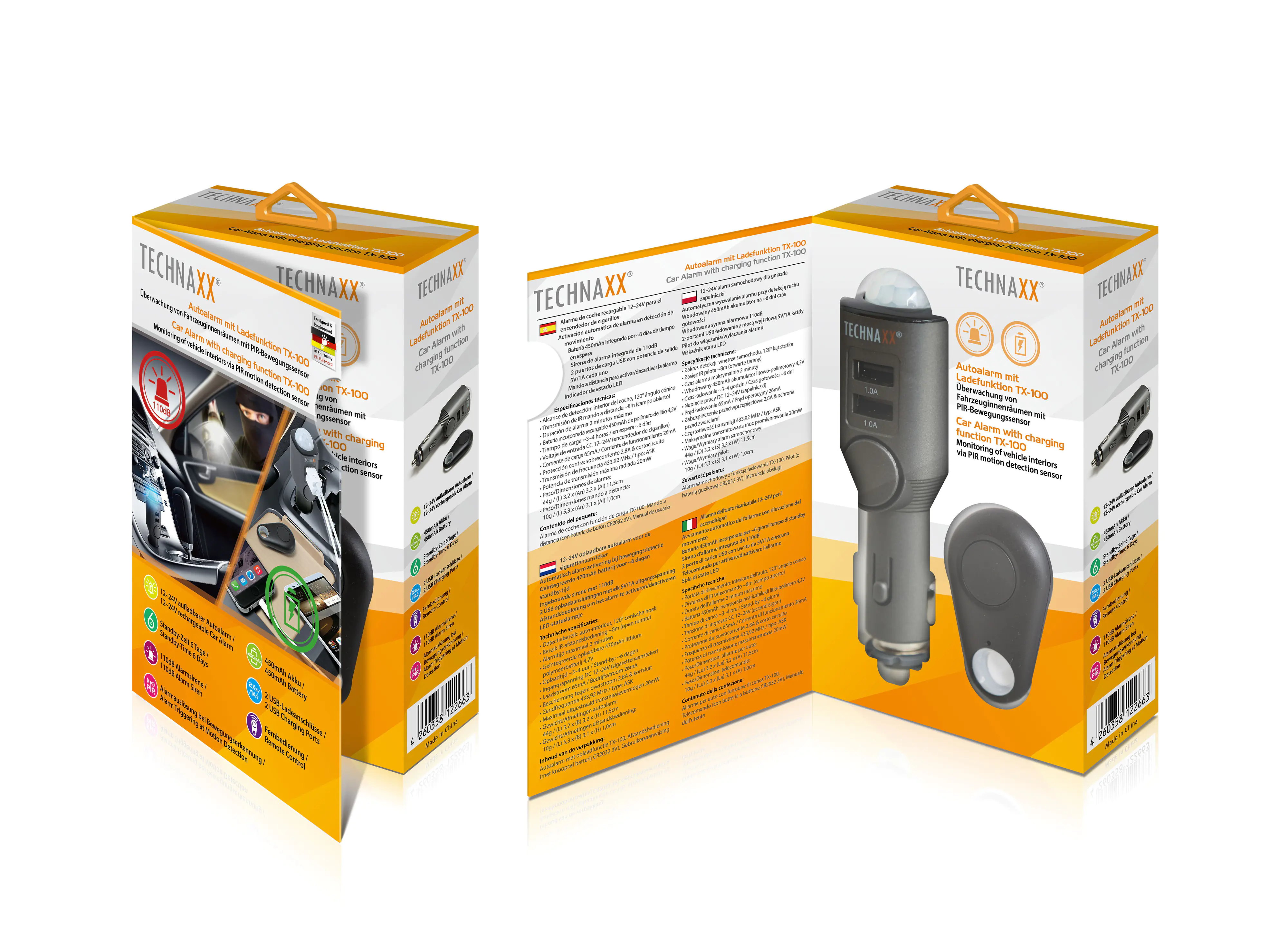 Technaxx Universal Mobile und Auto Alarm TX-100 Überwachung von Fahrzeuginnenräumen Technaxx Universal Mobile und Auto Alarm TX-100 Überwachung von Fahrzeuginnenräumen