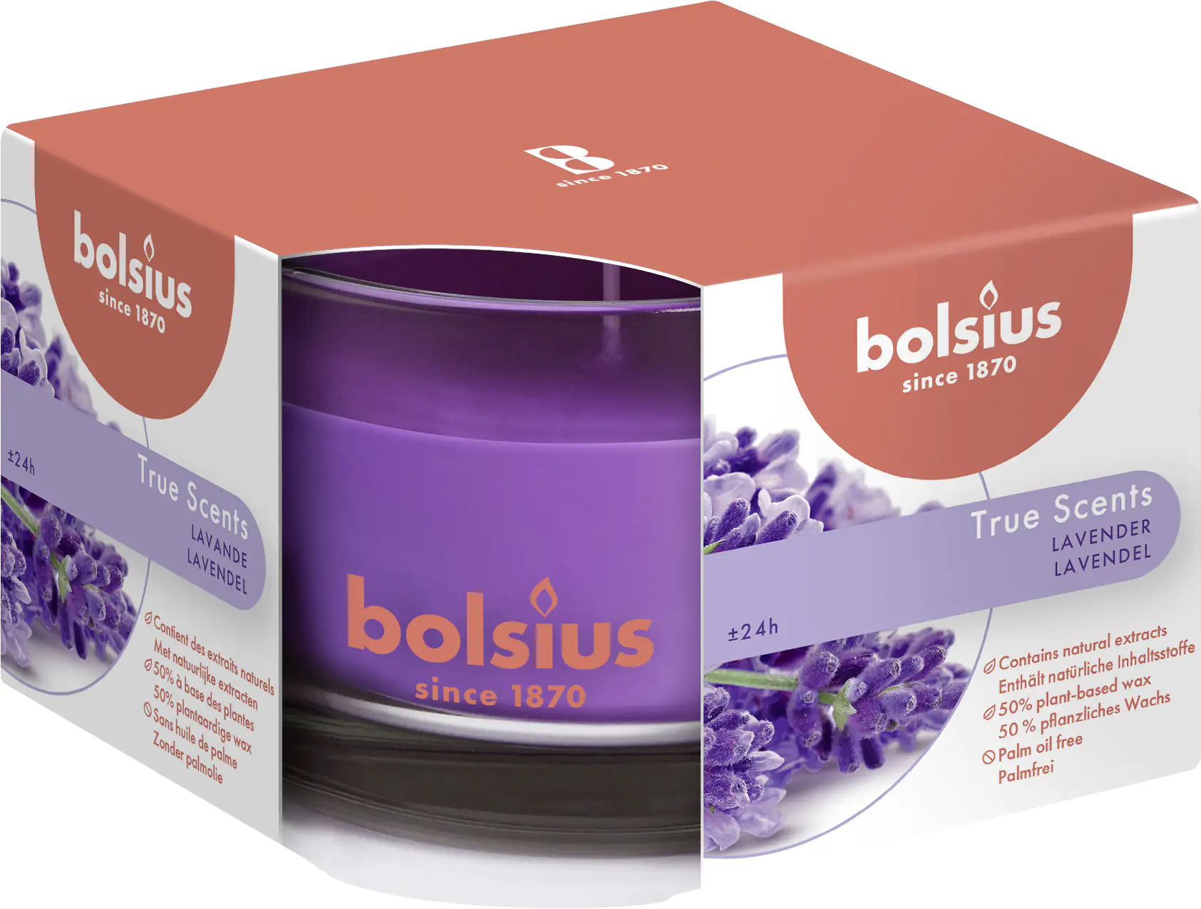 Bolsius Duftkerze im Glas Lavendel, Höhe 6 cm, Ø 9 cm