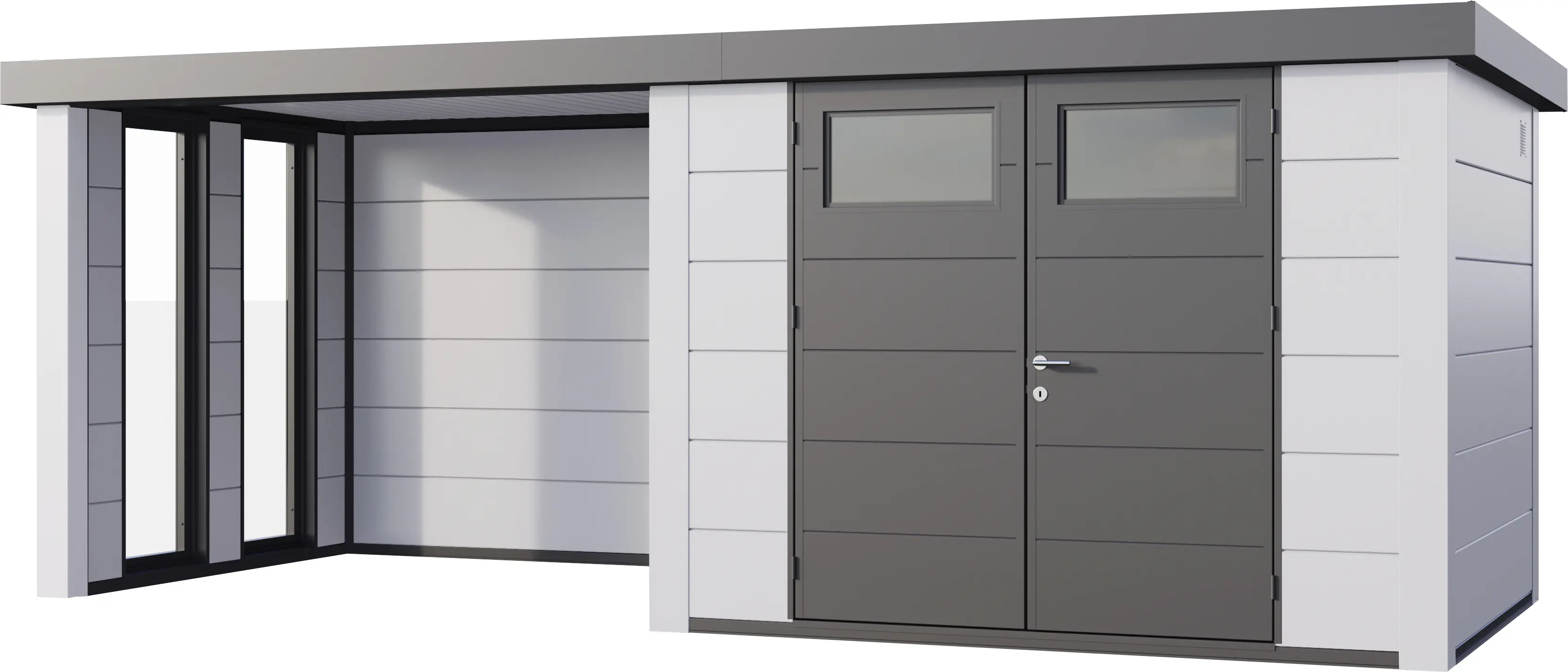 Telluria Gerätehaus Classico Lounge S mit Fenstern 3024 links EW weiß 582 x 238 cm