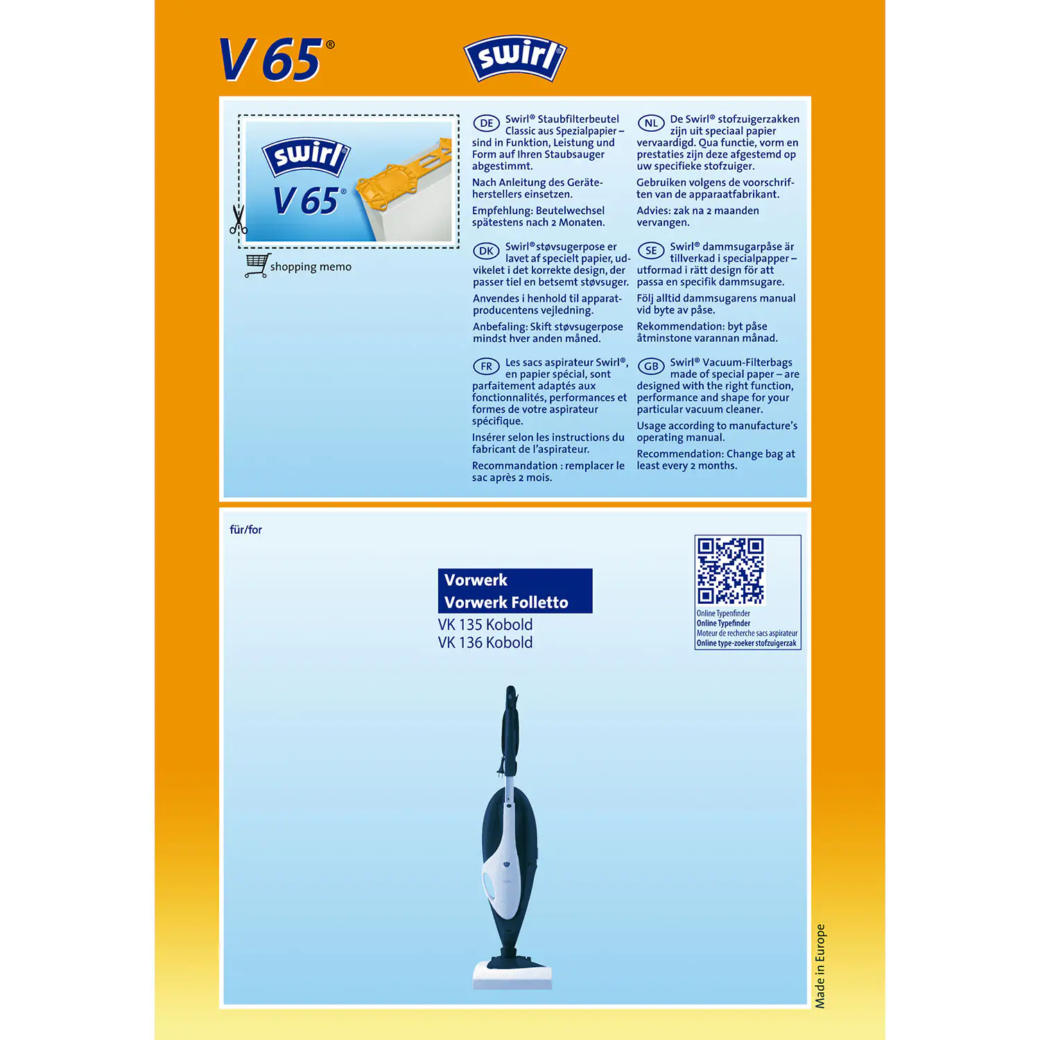 Swirl V 65 Spezialpapier Staubsaugerbeutel 4 Staubbeutel Swirl V 65 Spezialpapier Staubsaugerbeutel 4 Staubbeutel
