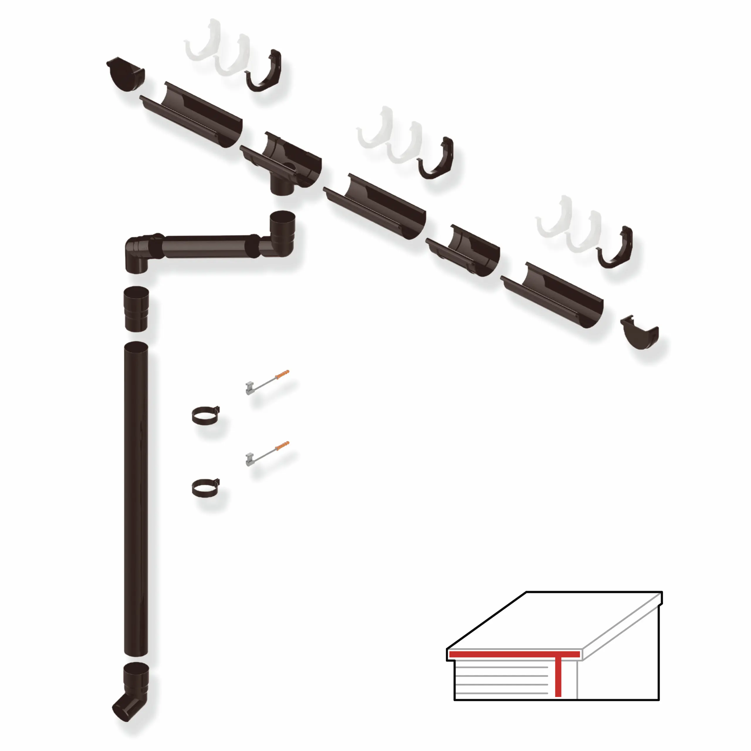SMART Dachrinnen-Set PVC, 25-teilig, 75/63 mm für 4 m Dachlänge, Braun RAL 8019