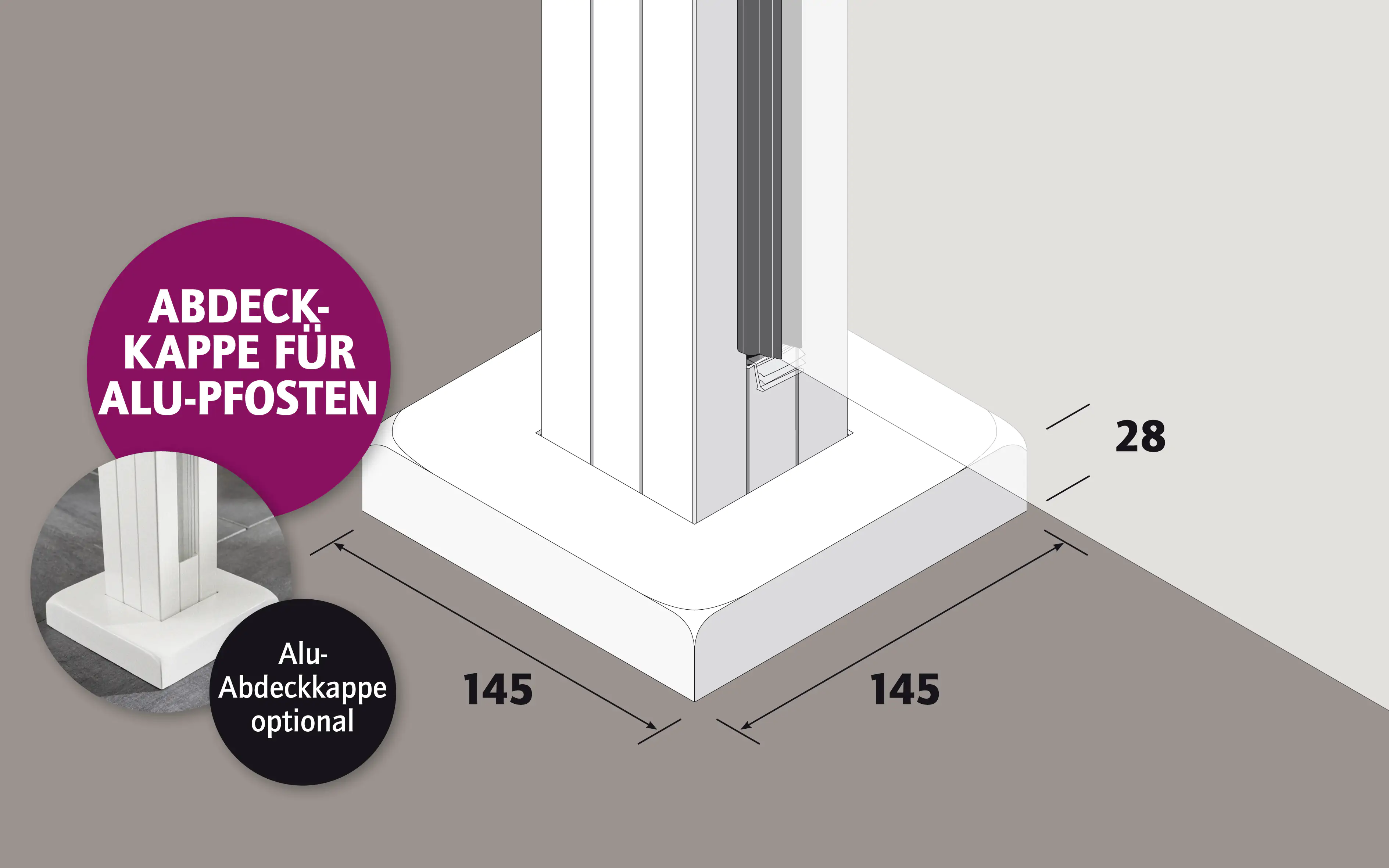 Ambiente Aluminium Abdeckkappe unten B x H: 14,5 cm x 14,5 cm, 28 mm stark Ambiente Aluminium Abdeckkappe unten B x H: 14,5 cm x 14,5 cm, 28 mm stark