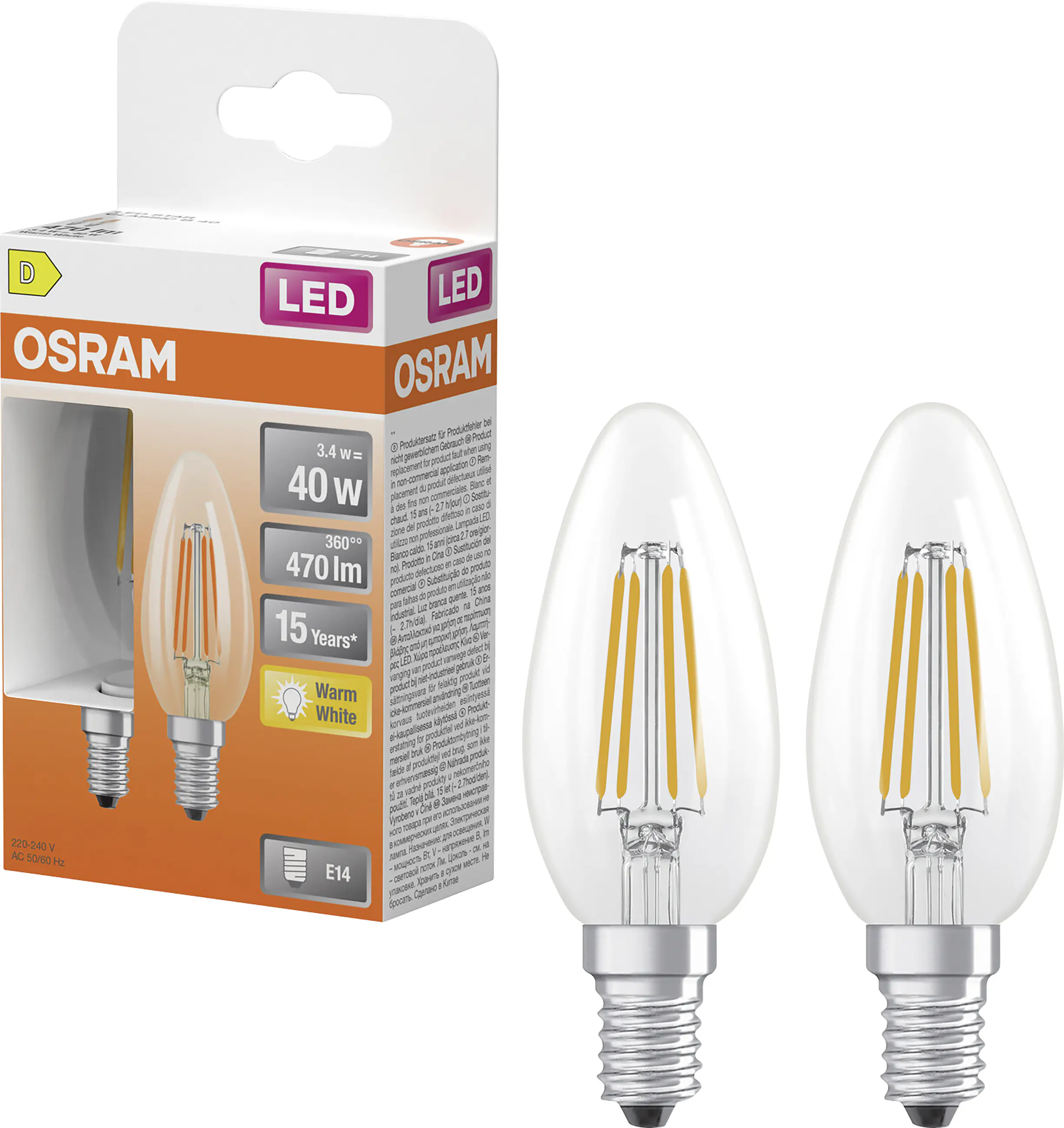 Osram LED Leuchtmittel E14 2er Pack Star Classic 3,4W klar warmweiß