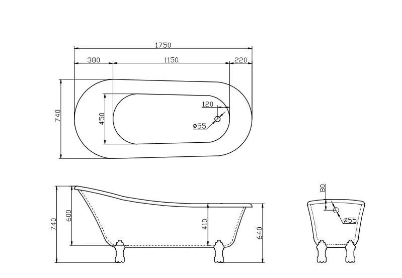 TrendLine Freistehende Badewanne Opera Nostalgie 175 x 74 x 76 cm weiß