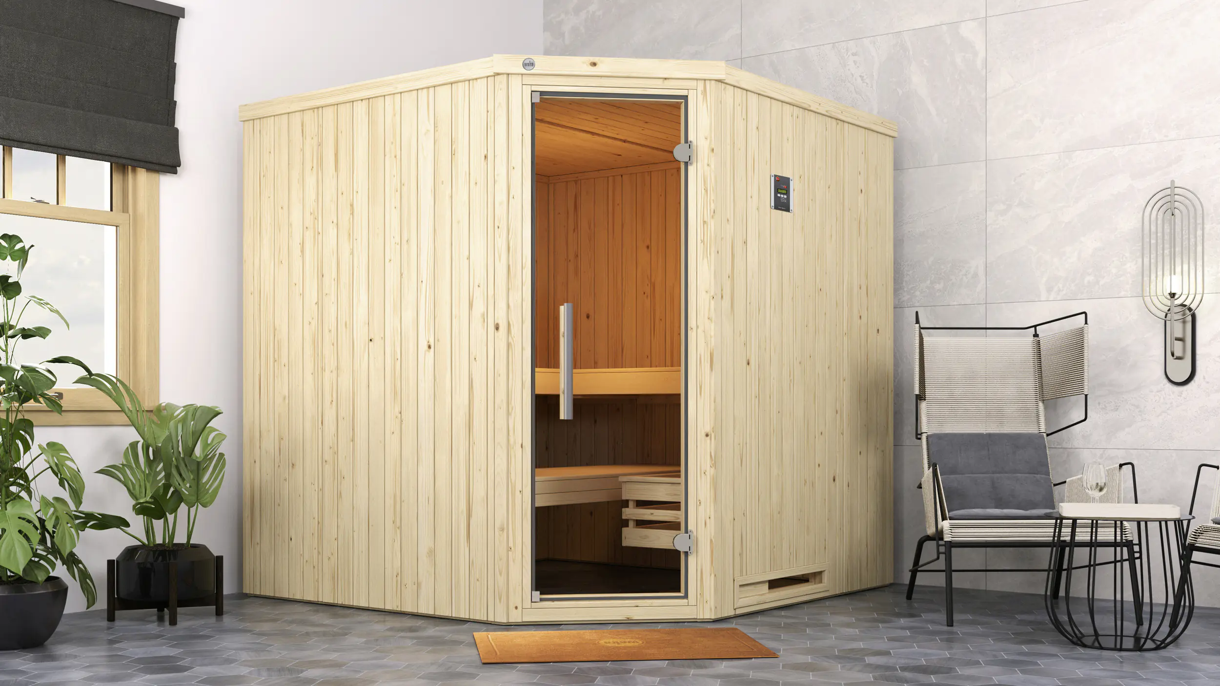 Weka Element-Ecksauna Varberg 3 GT BioS mit Glastür Weka Element-Ecksauna Varberg 3 GT BioS mit Glastür