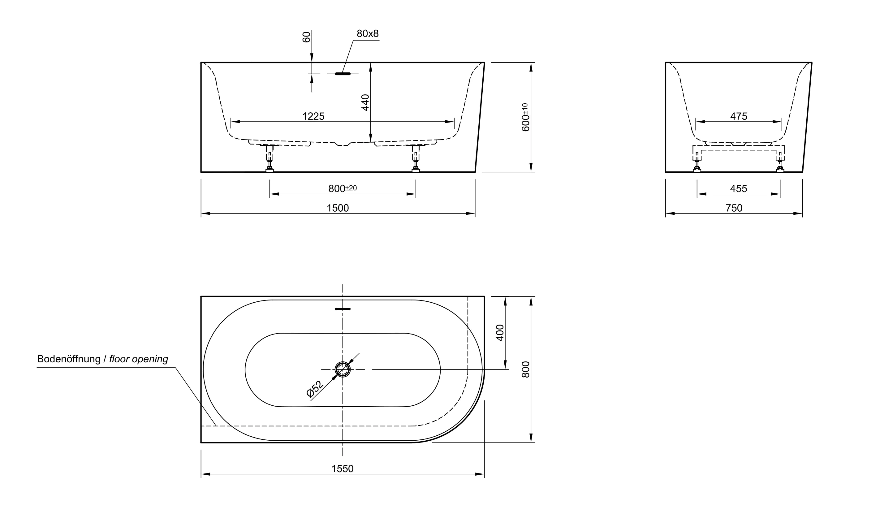 Ottofond Badewanne Mince Corner XS weiß rechts 155 x 80 / 44 cm
