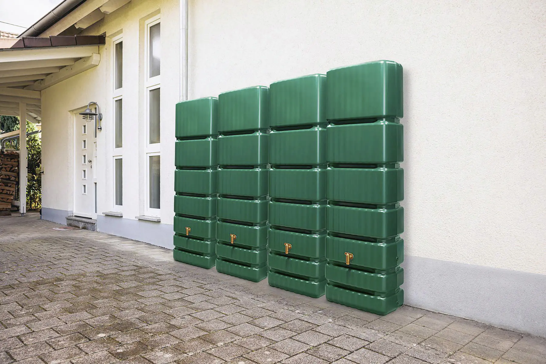 4rain Regentonne-Set Slim inkl. Zubehör Wandtank 1400 L dunkelgrün 4 Stück