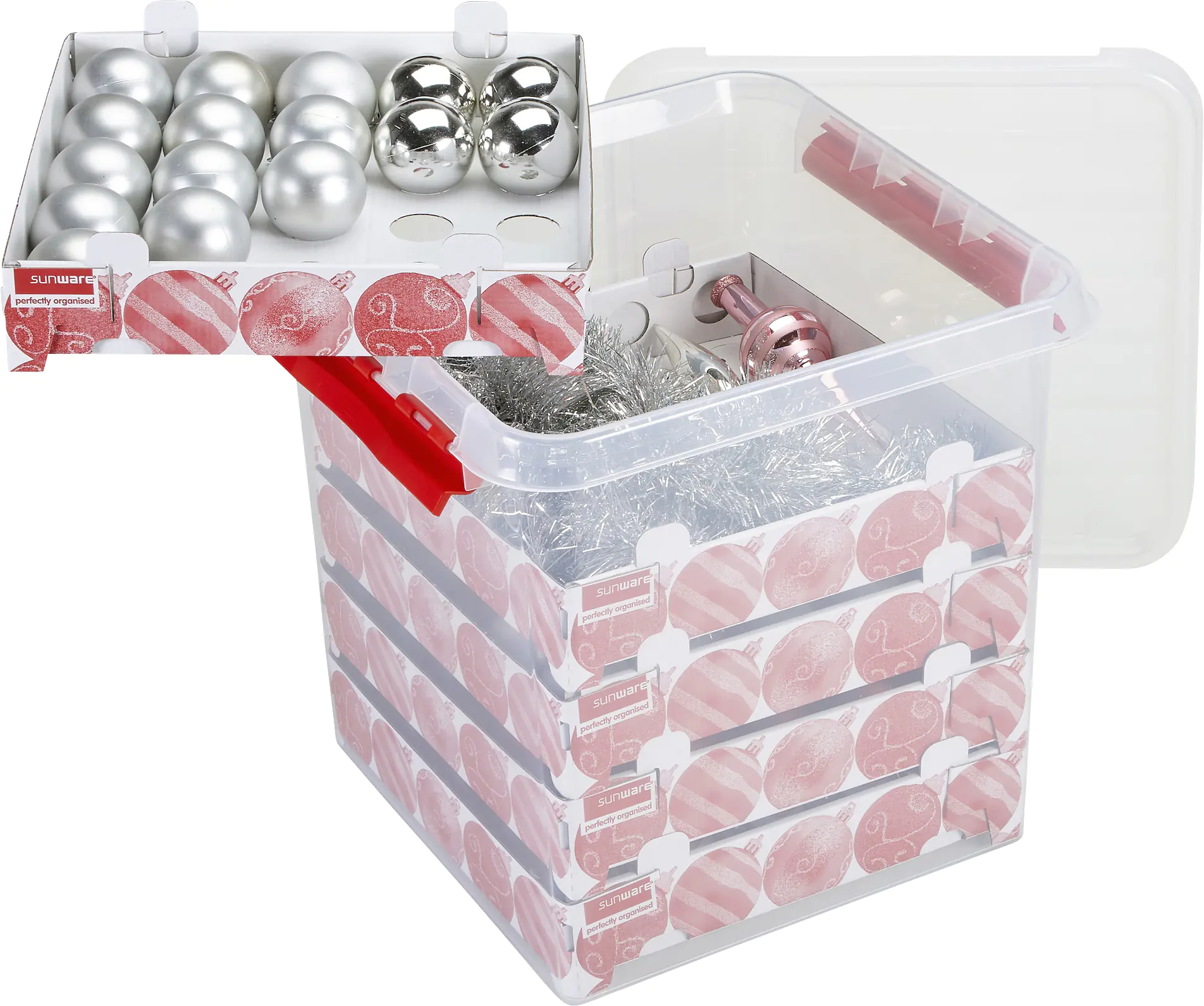 Q-line Weihnachtsbox 38L mit Einsatz für 125 Kugeln transparent rot Q-line Weihnachtsbox 38L mit Einsatz für 125 Kugeln transparent rot