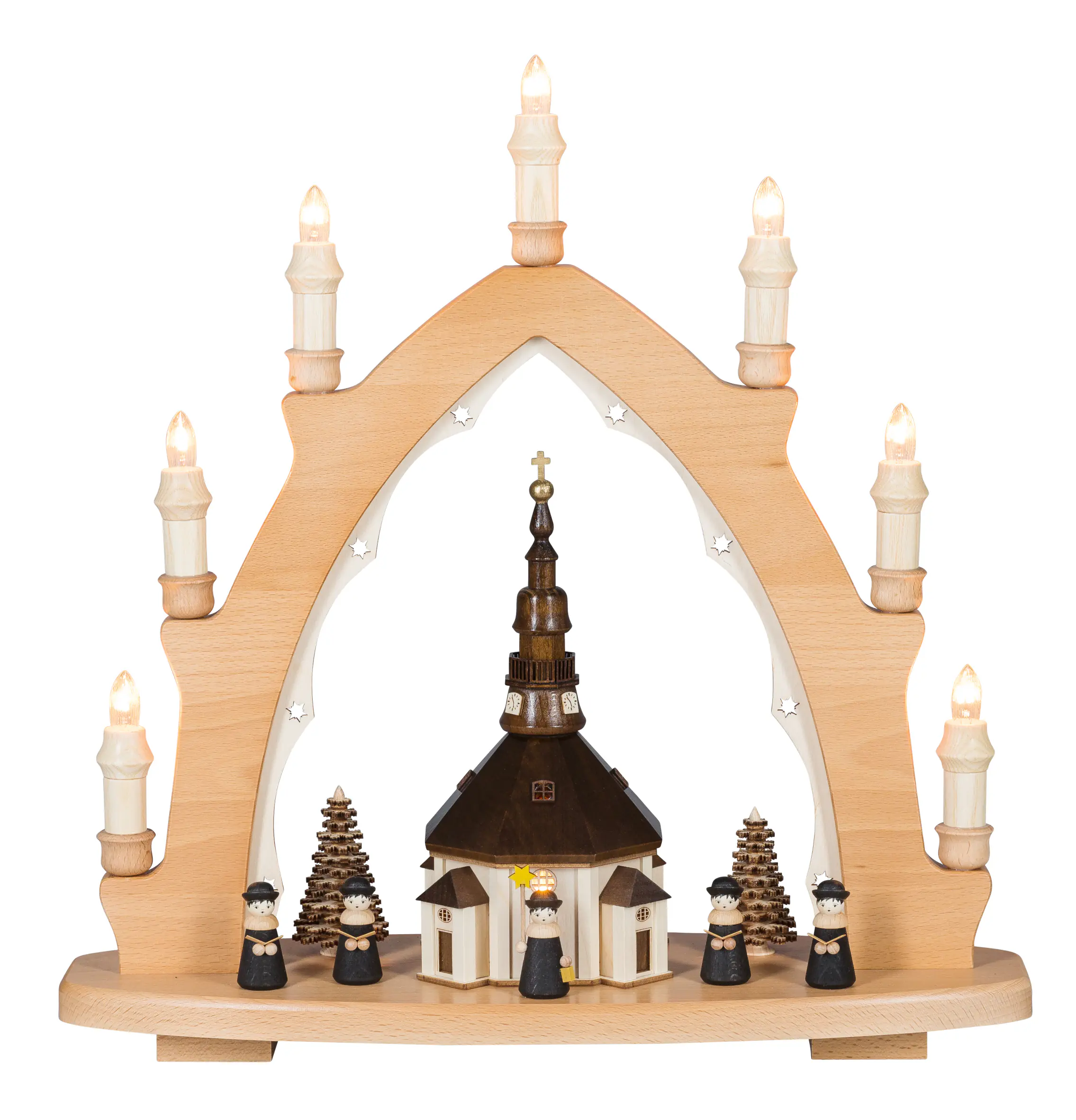 Saico Lichterspitze Seiffener Kirche 8-flammig 42 x 44 cm warmweiß natur/braun