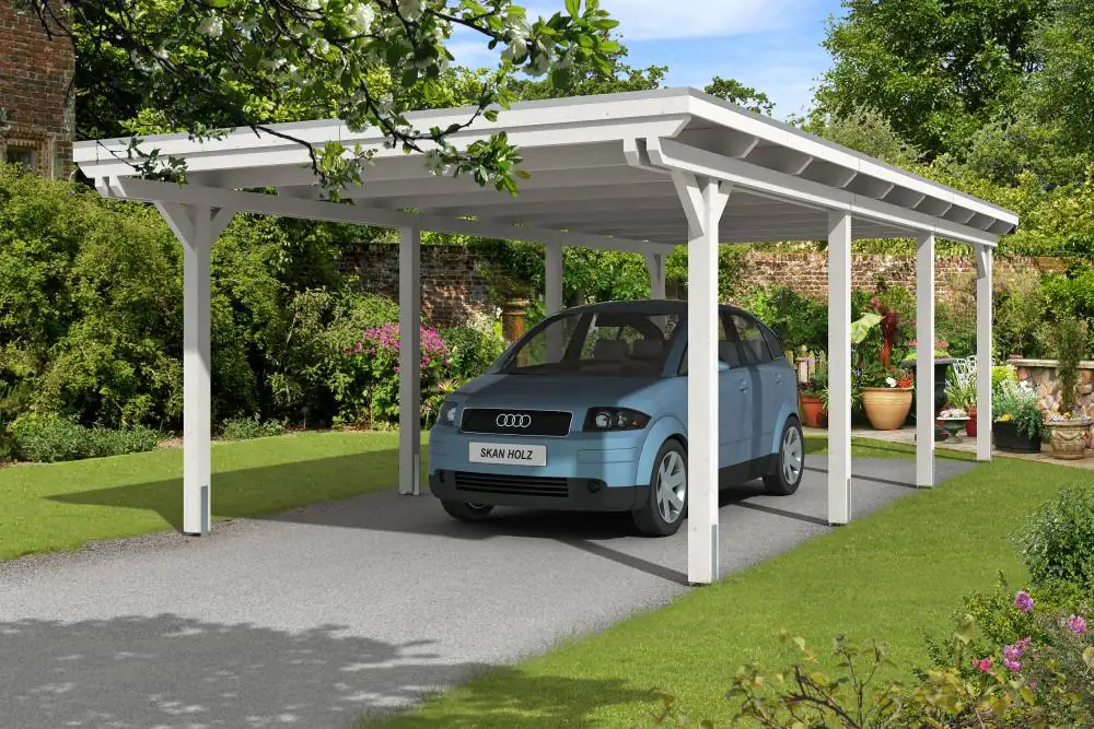 SKAN HOLZ Carport Emsland 404 x 846 cm mit EPDM-Dach, lasiert in Weiß