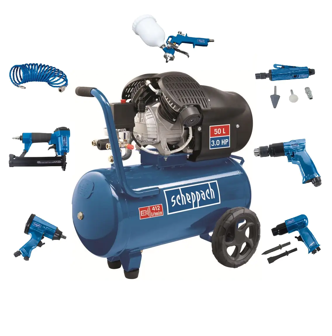 Scheppach Kompressor-Set 10 bar, 50 L, 412 l/min, 2.2 kW + Zubehör Scheppach Kompressor-Set 10 bar, 50 L, 412 l/min, 2.2 kW + Zubehör