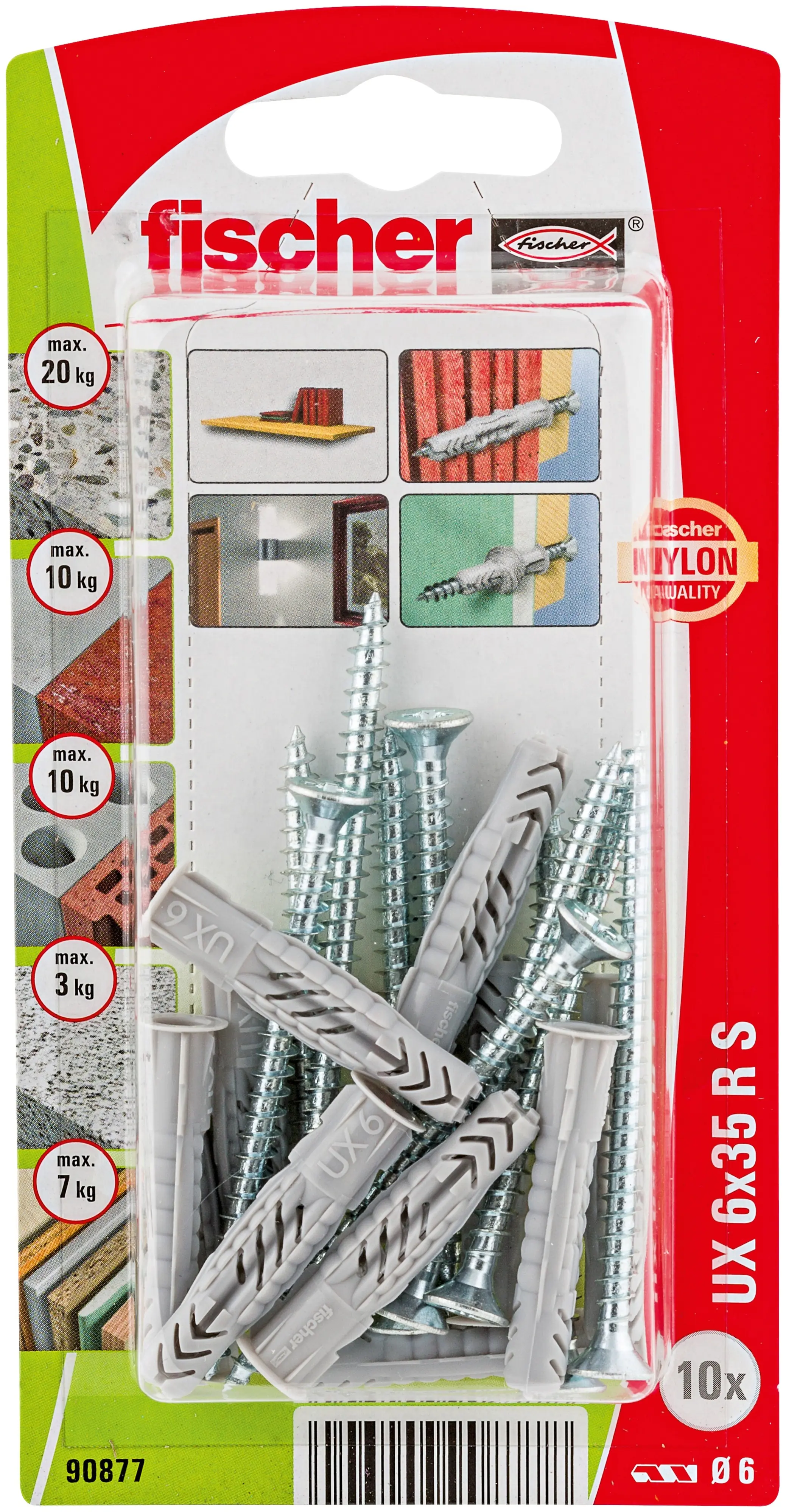Fischer Universaldübel UX 6 x 35 mm mit Rand & Schraube - 10 Stück