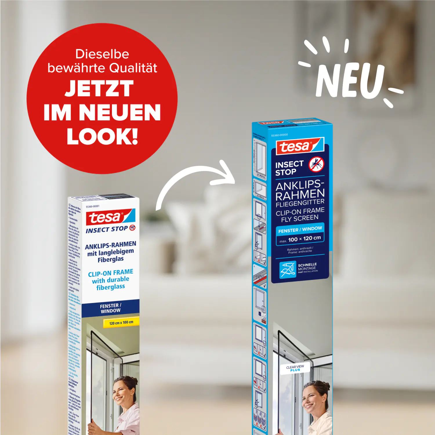 tesa Anklipsrahmen Fliegengitter 100 x 120 cm anthrazit