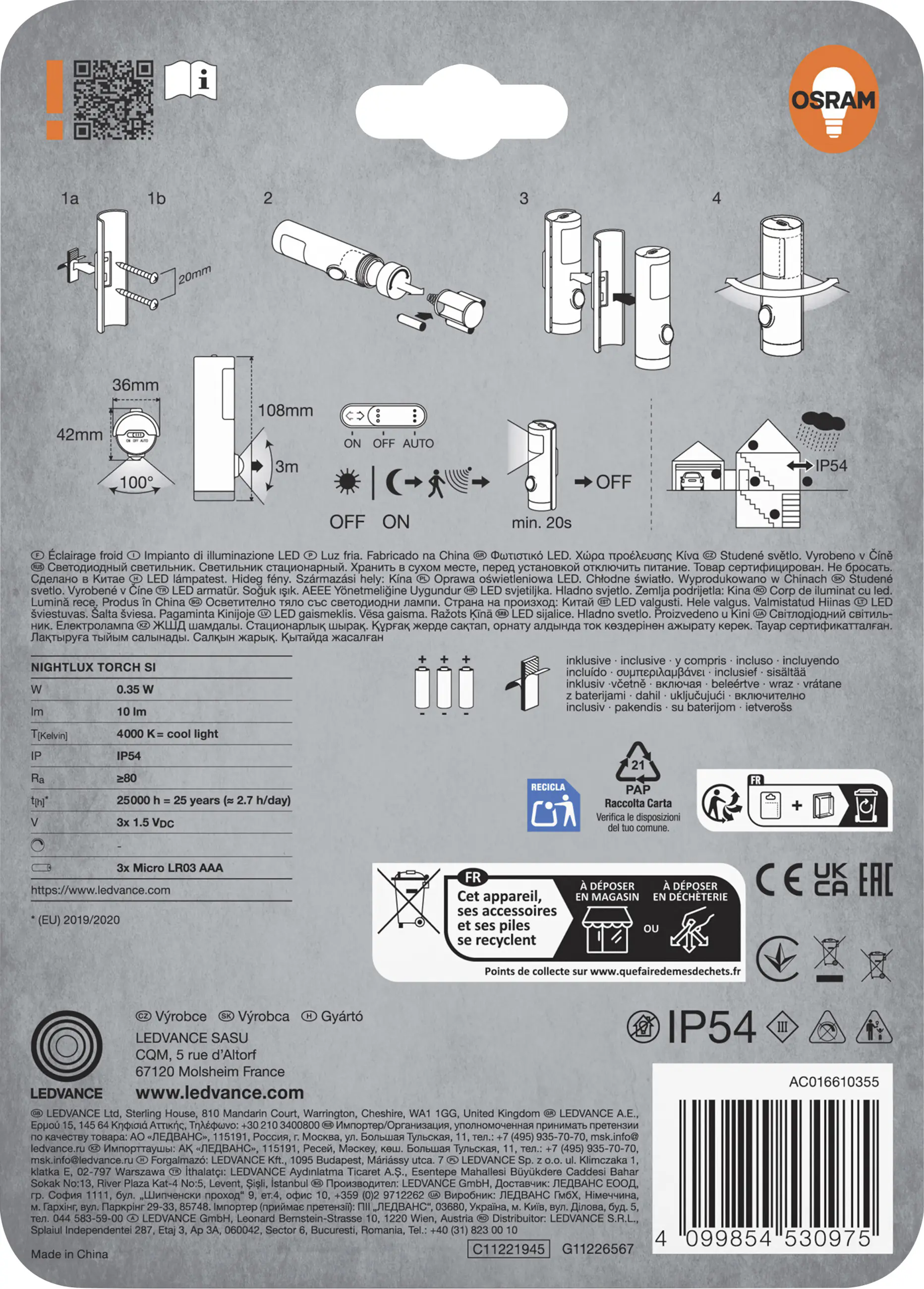 Osram LED-Nachtlicht Nightlux Torch mit Licht- & Bewegungssensor 10,8 cm kaltweiß silber