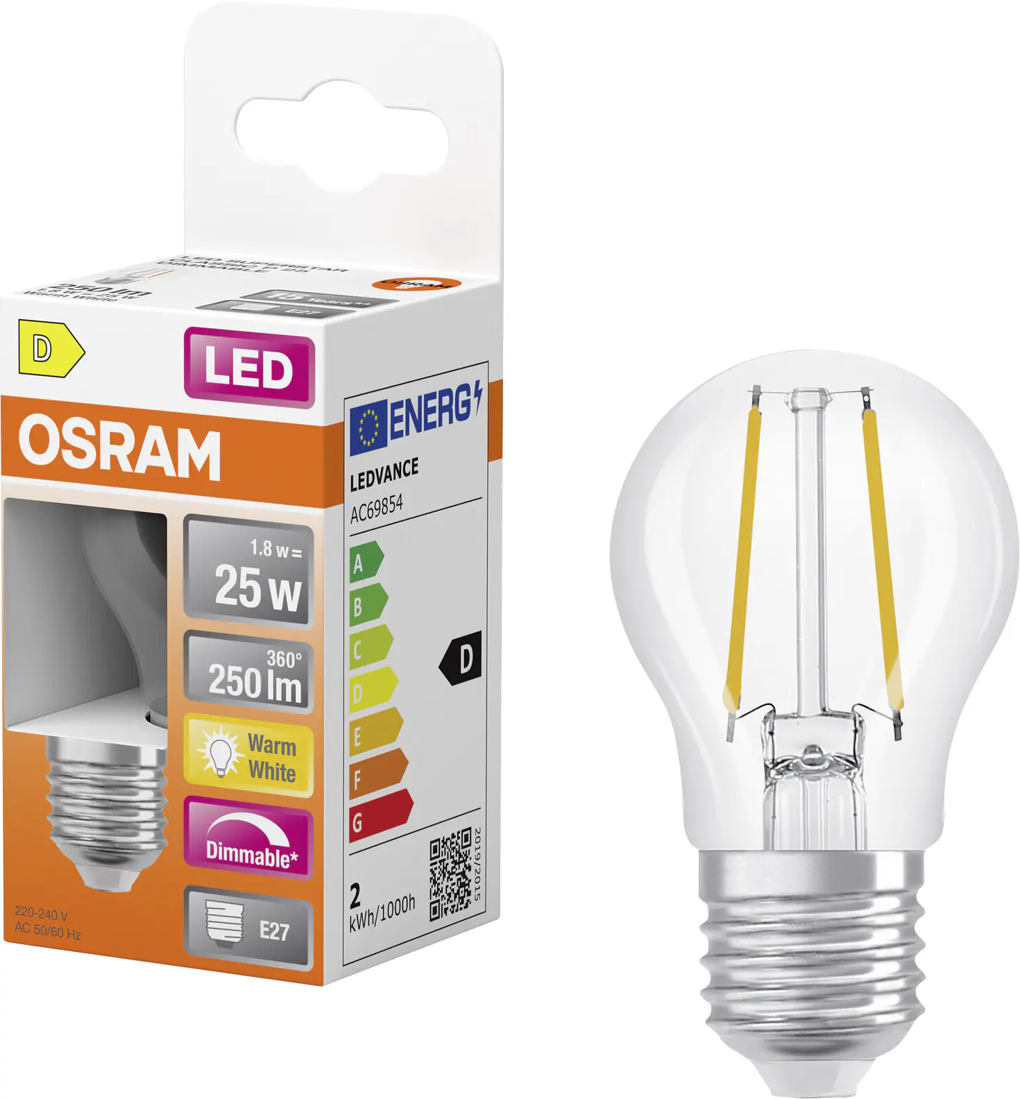 Osram LED Leuchtmittel E27 Superstar Classic 1,8W 827 klar dimmbar warmweiß