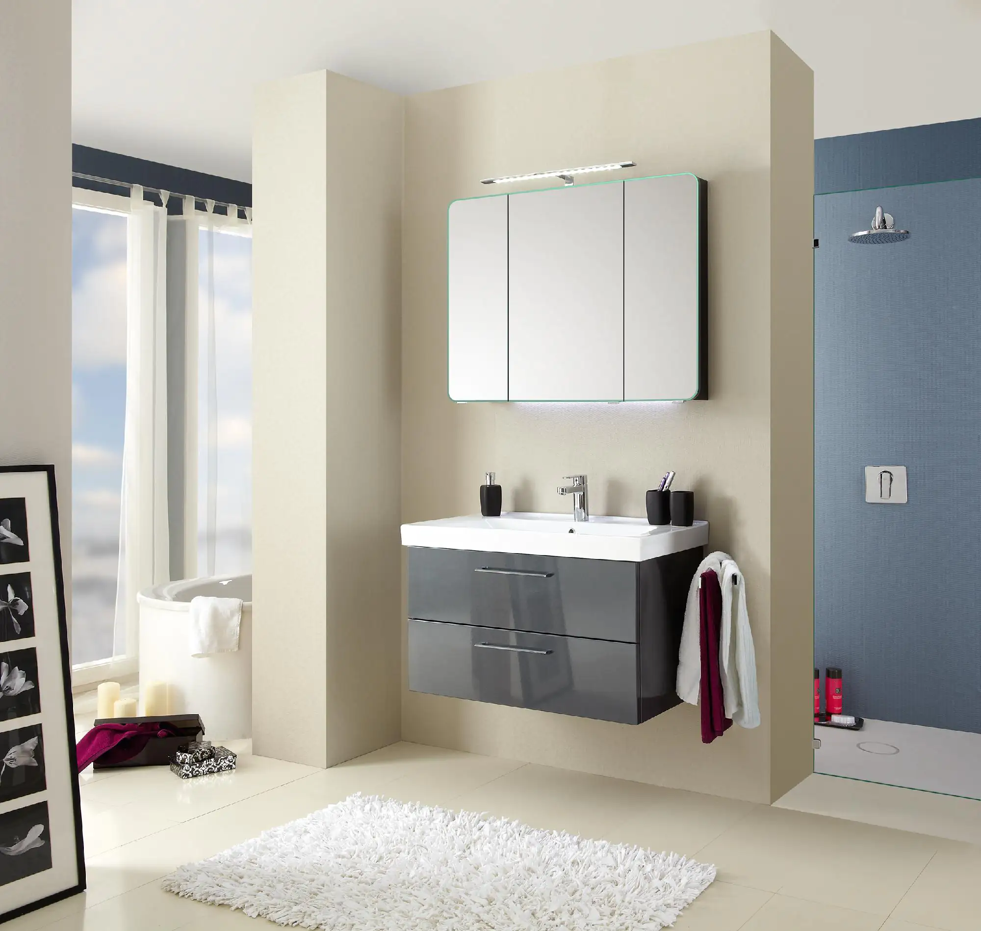 Pelipal Badmöbel-Set Pineo Anthrazit mit LED-Aufsatzleuchte + Waschplatzbeleuchtung 85 cm