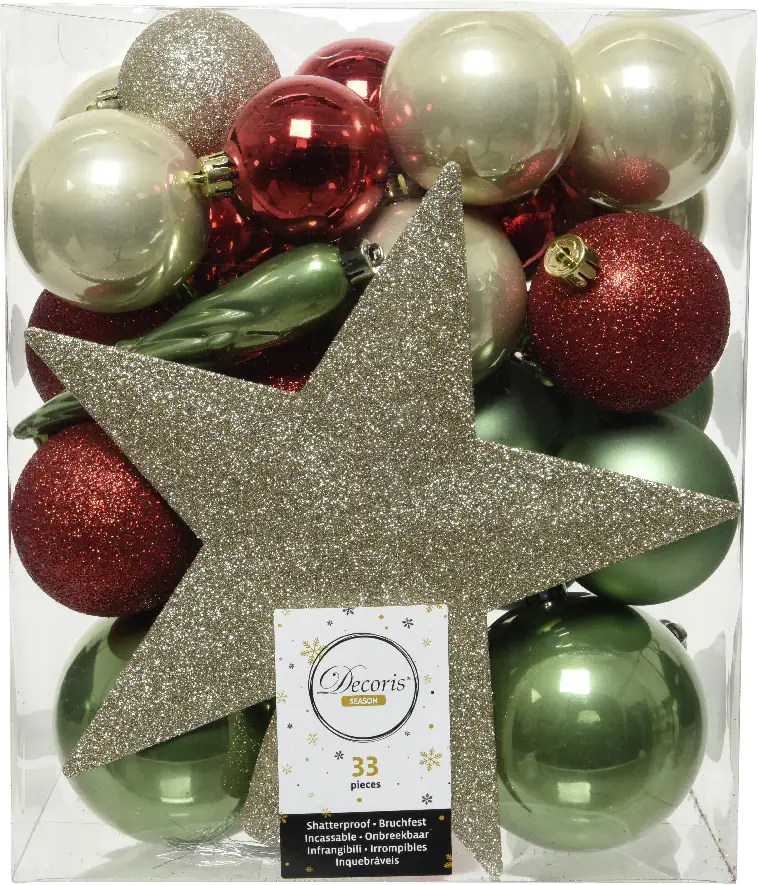 8720194932612 Kaemingk Weihnachtskugeln bruchfest, langlebig, rot perle grün 33 Kugeln + Stern