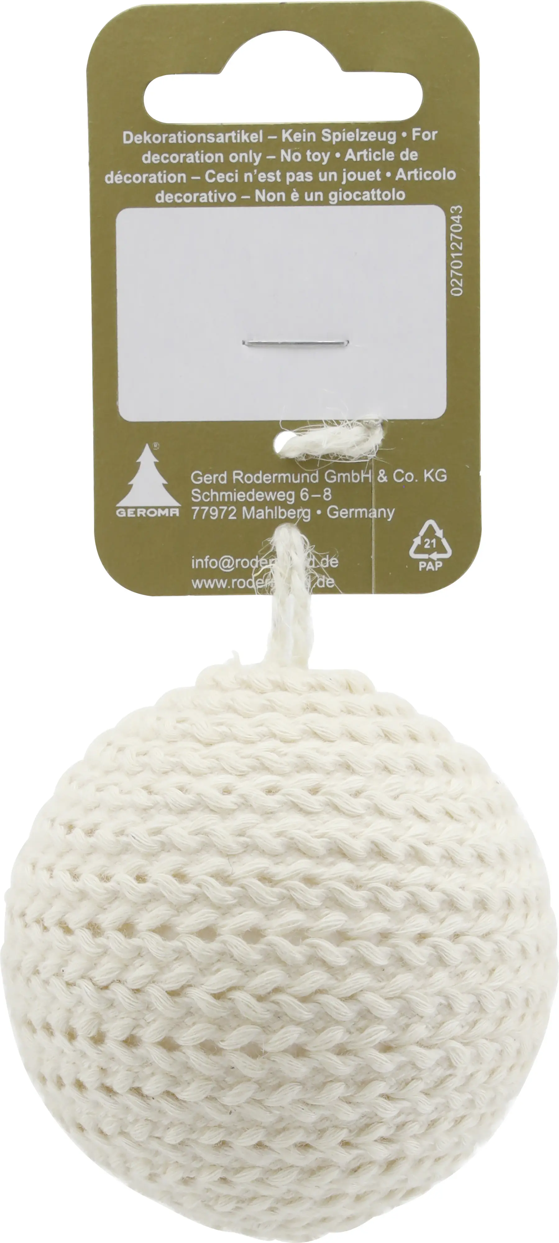 Weihnachtskugel mit Baumwolle umwickelt Ø 6 cm weiß