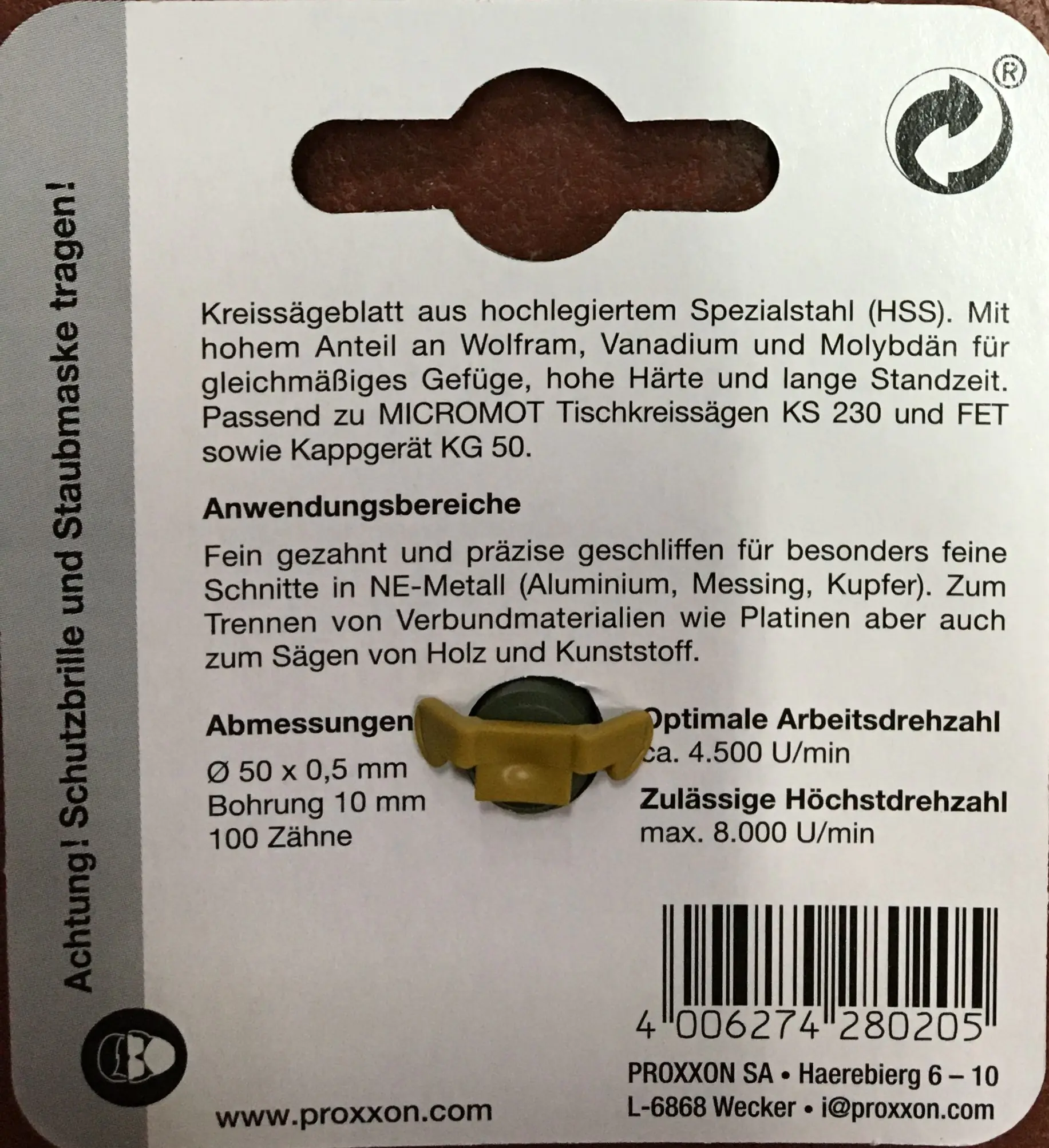 Proxxon Kreissägeblatt Ø 50 mm Bohrung Ø 10 mm Proxxon Kreissägeblatt Ø 50 mm Bohrung Ø 10 mm