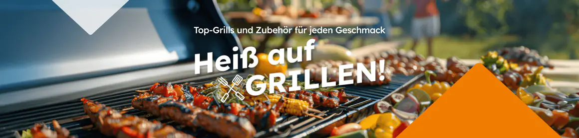 Grill voller Spieße und Gemüse. Text: „Top-Grills und Zubehör – Heiß auf GRILLEN!“.