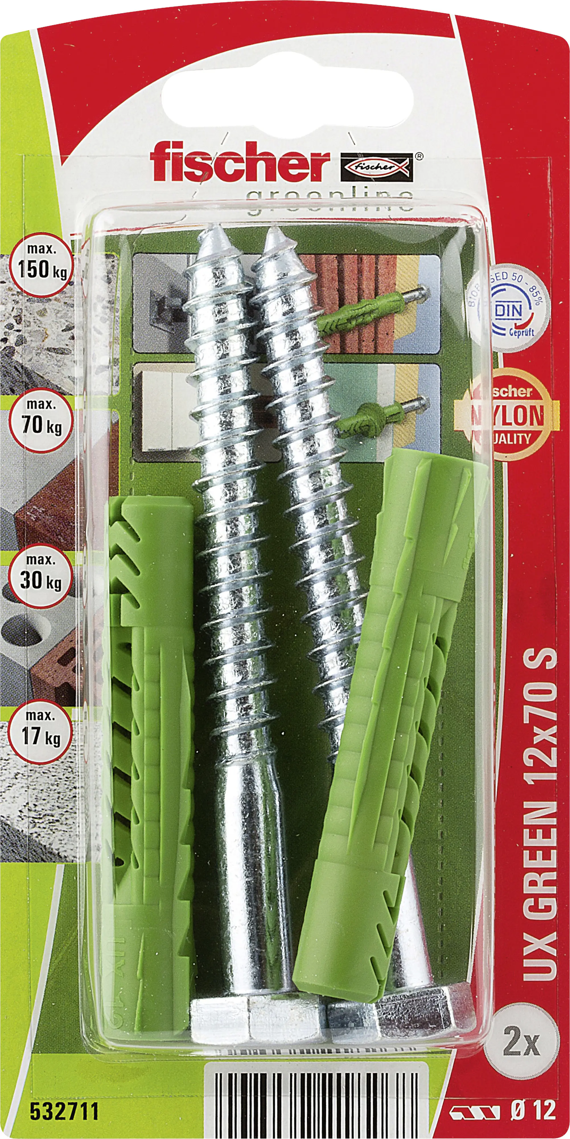 Fischer Universaldübel UX Green S 12 x 70 mm mit Schraube - 2 Stück