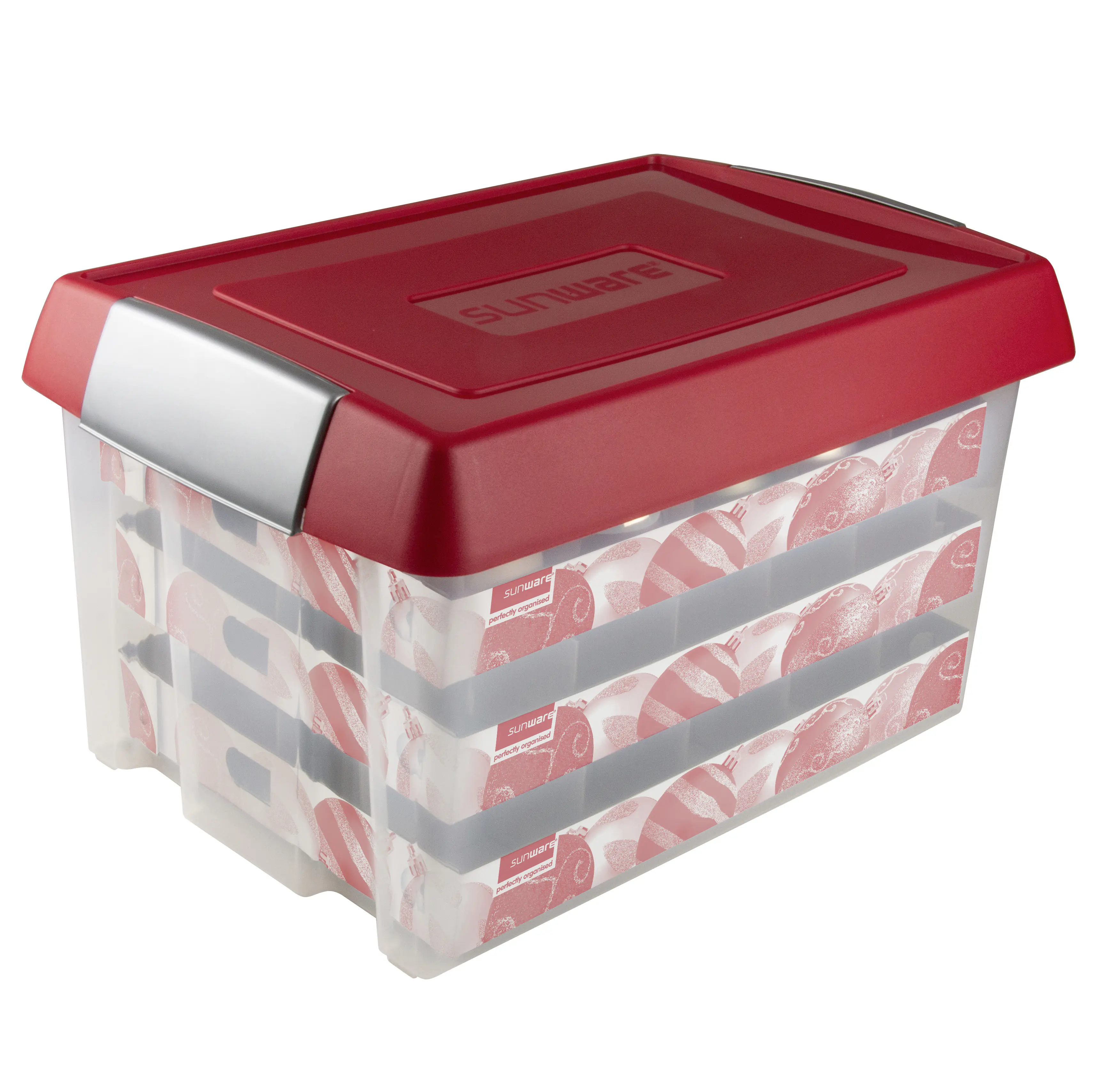 Sunware Weihnachtsbox Nesta 60L mit Einsatz für 60 Kugeln transparent rot