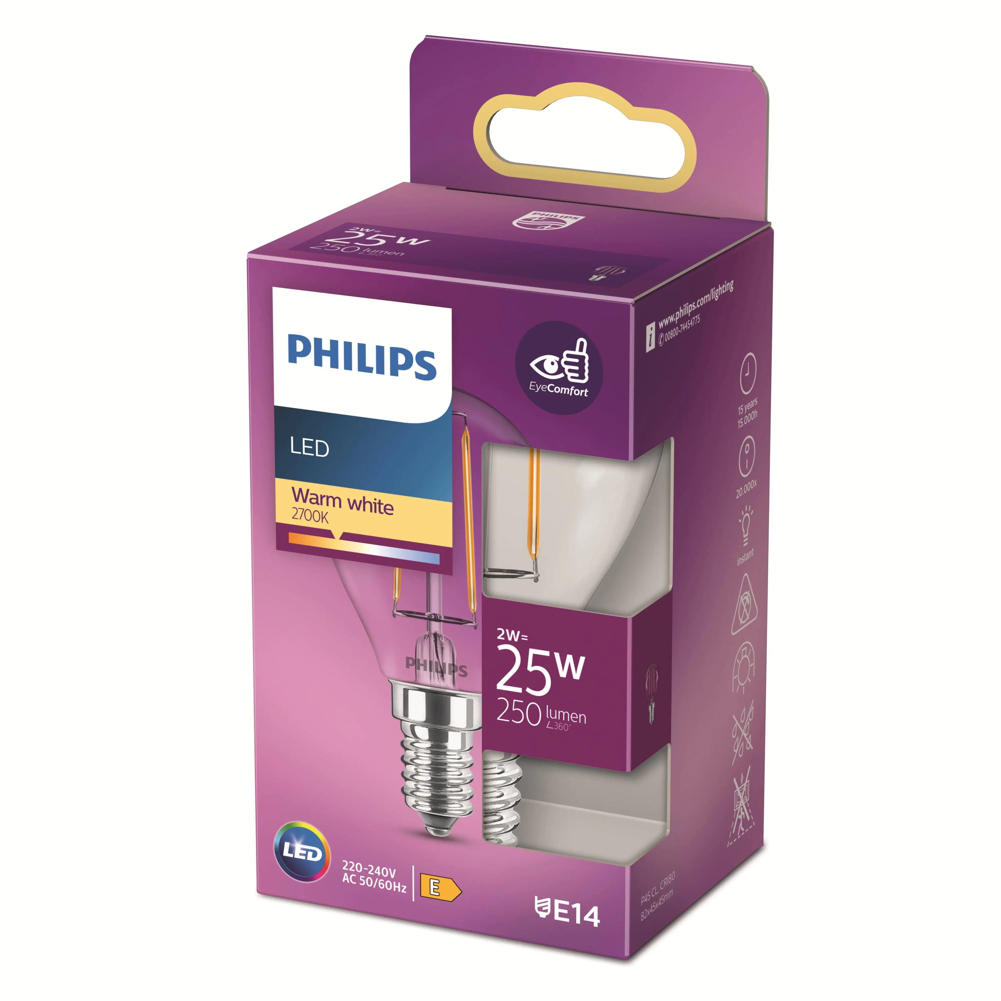 Philips LED-Leuchtmittel Filament Tropfenform P45 E14 2W warmweiß