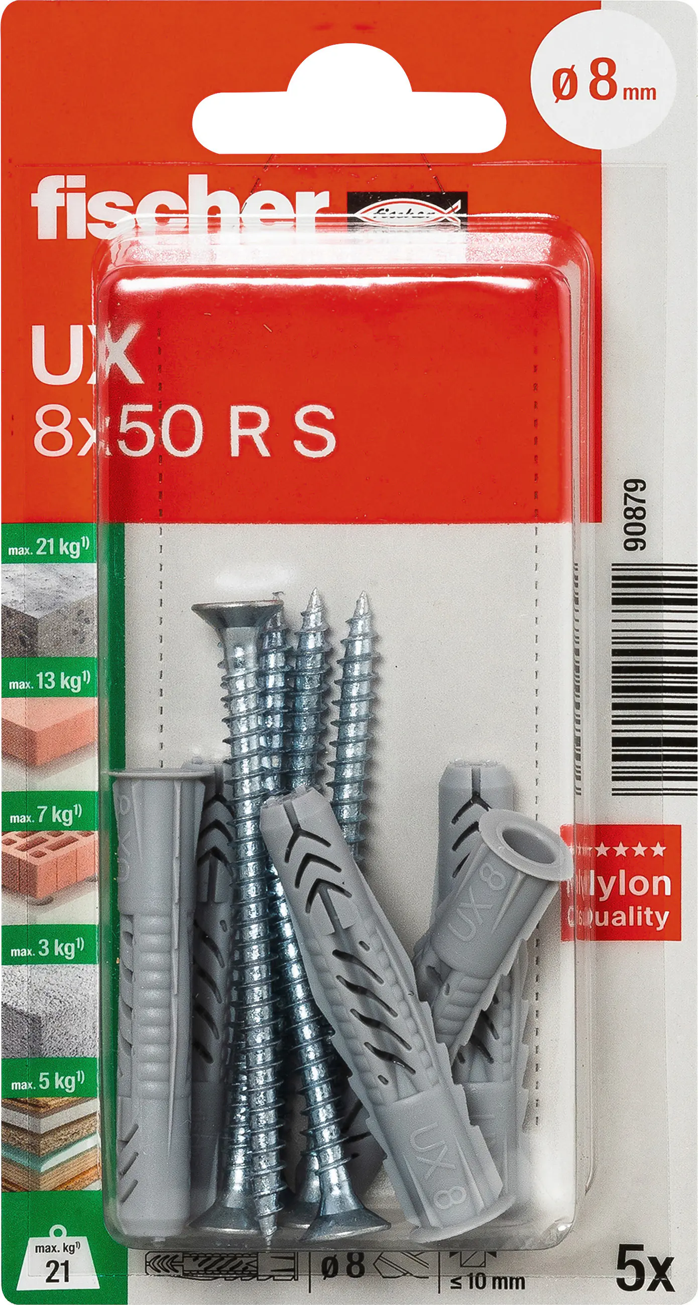 Fischer Universaldübel UX 8 x 50 mm mit Rand & Schraube - 5 Stück