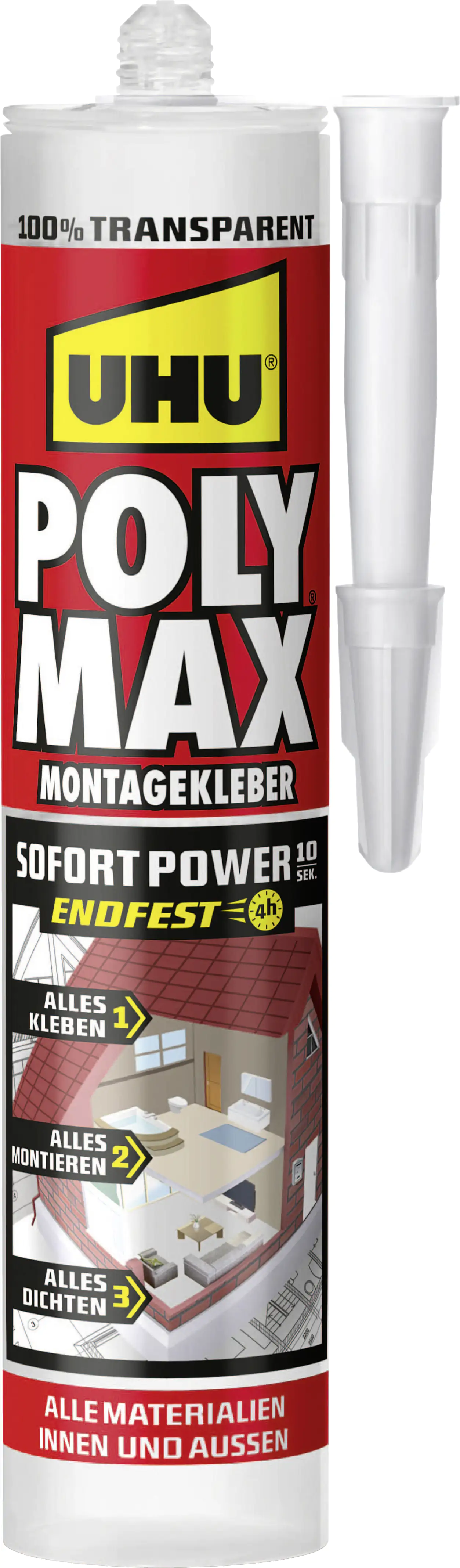 UHU Poly Max Montagkleber Sofort Power 300g 10 Sekunden, transparent, Kartusche, 300g