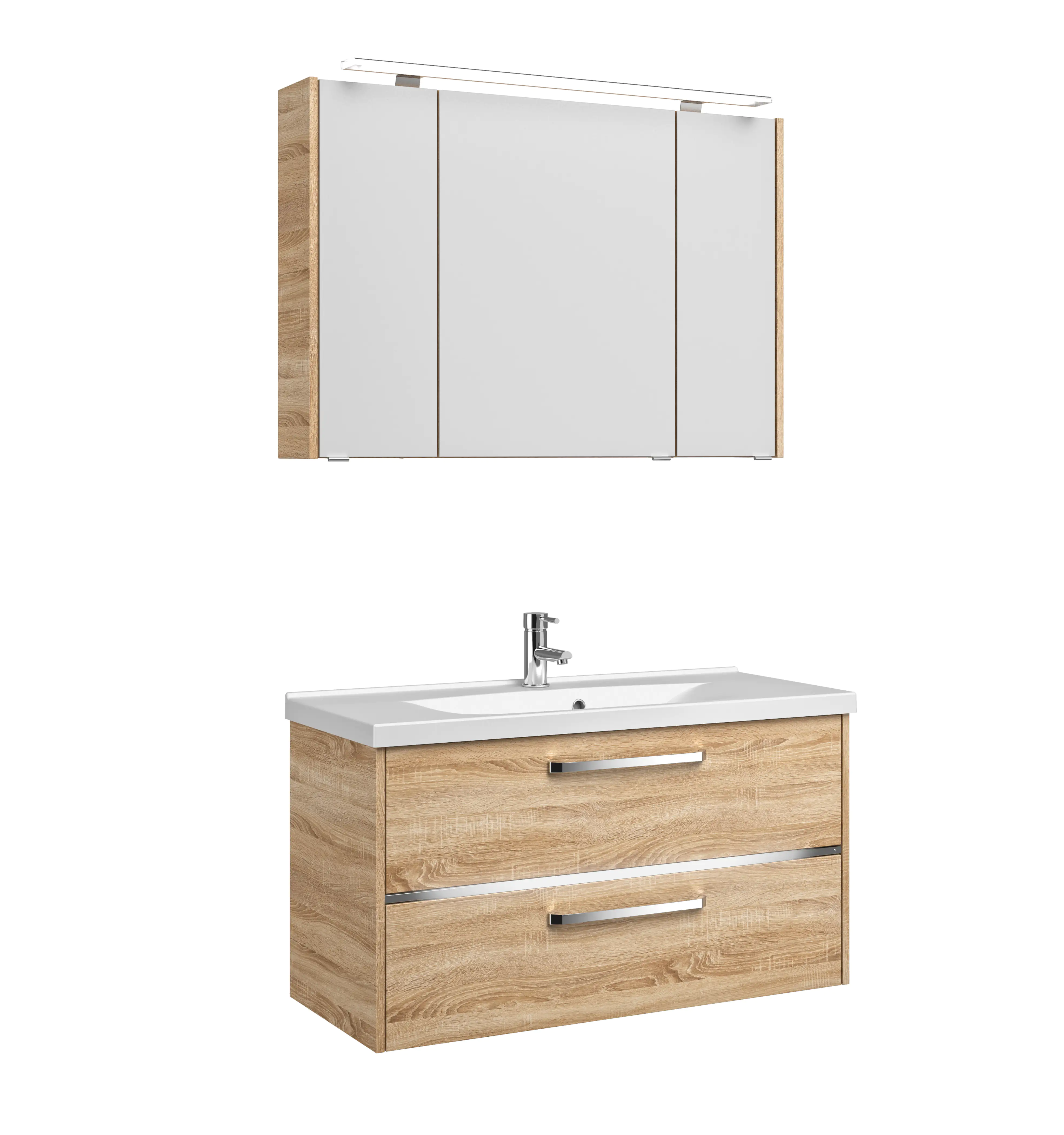 Primaster Badmöbelset Berlin eiche 105 cm LED-Leuchten, Mineralgusswaschtisch