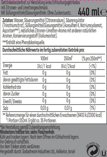 Sodastream Drink Mix Sirup Zitrone-Limette Zero 440 ml