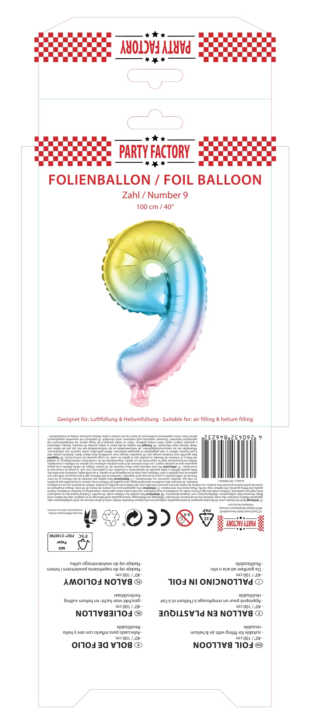Folienballon Zahl 9 bunt 100 cm