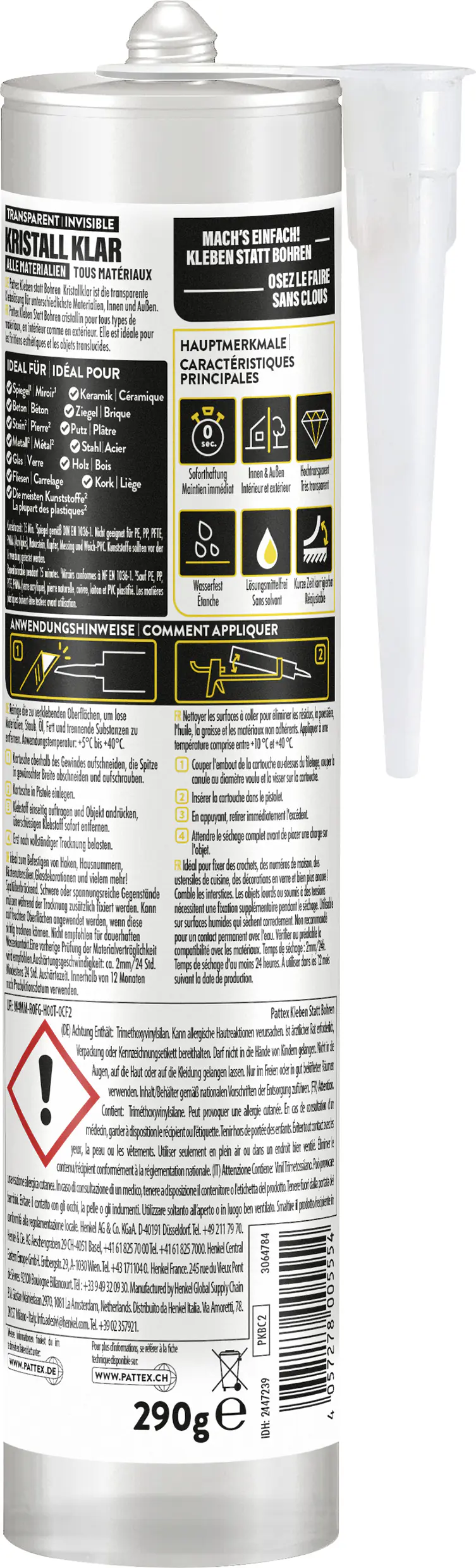Pattex Montagekleber Kleben statt Bohren Kristallklar 290 g Kartusche, transparent