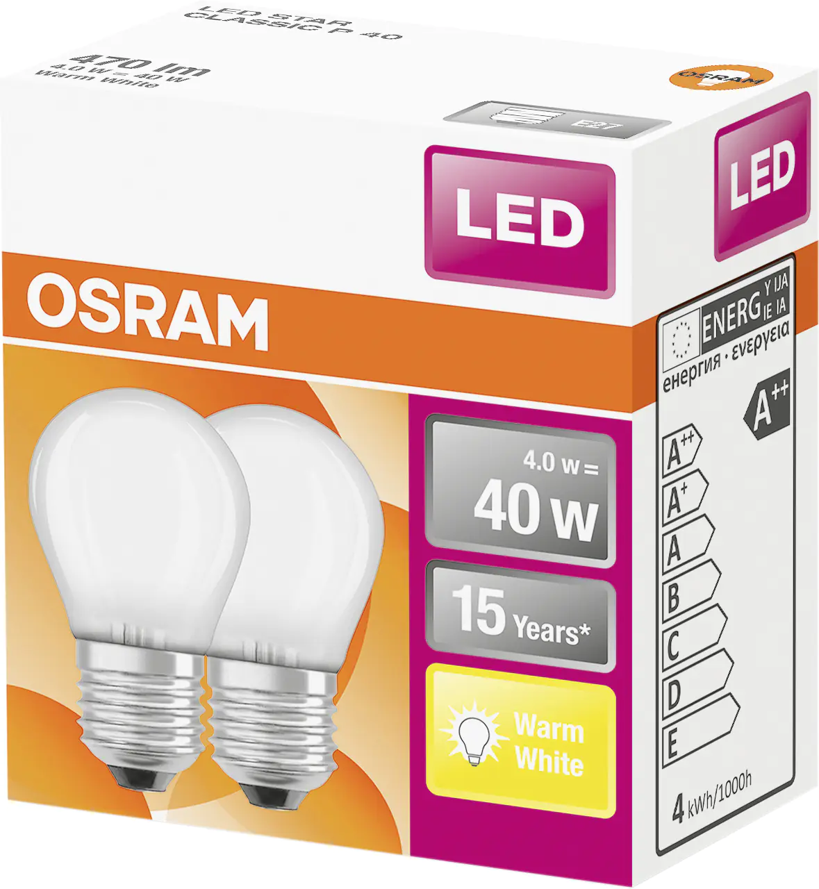 Osram LED Leuchtmittel Clas P40 E27 4W 2er Pack warmweiß, weiß matt