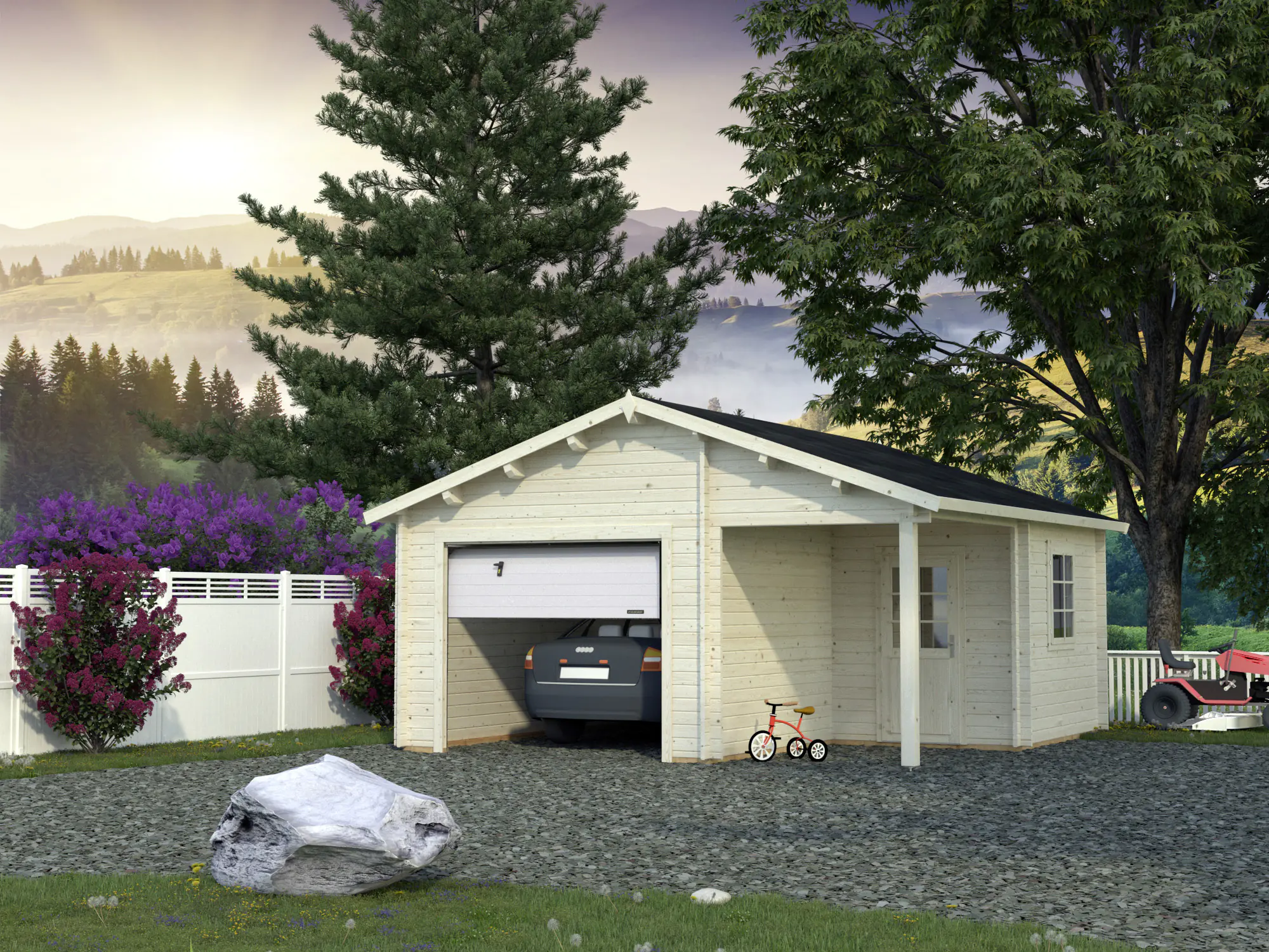 Palmako Fertiggarage Roger 510 x 550 cm mit Sektionaltor naturbelassen