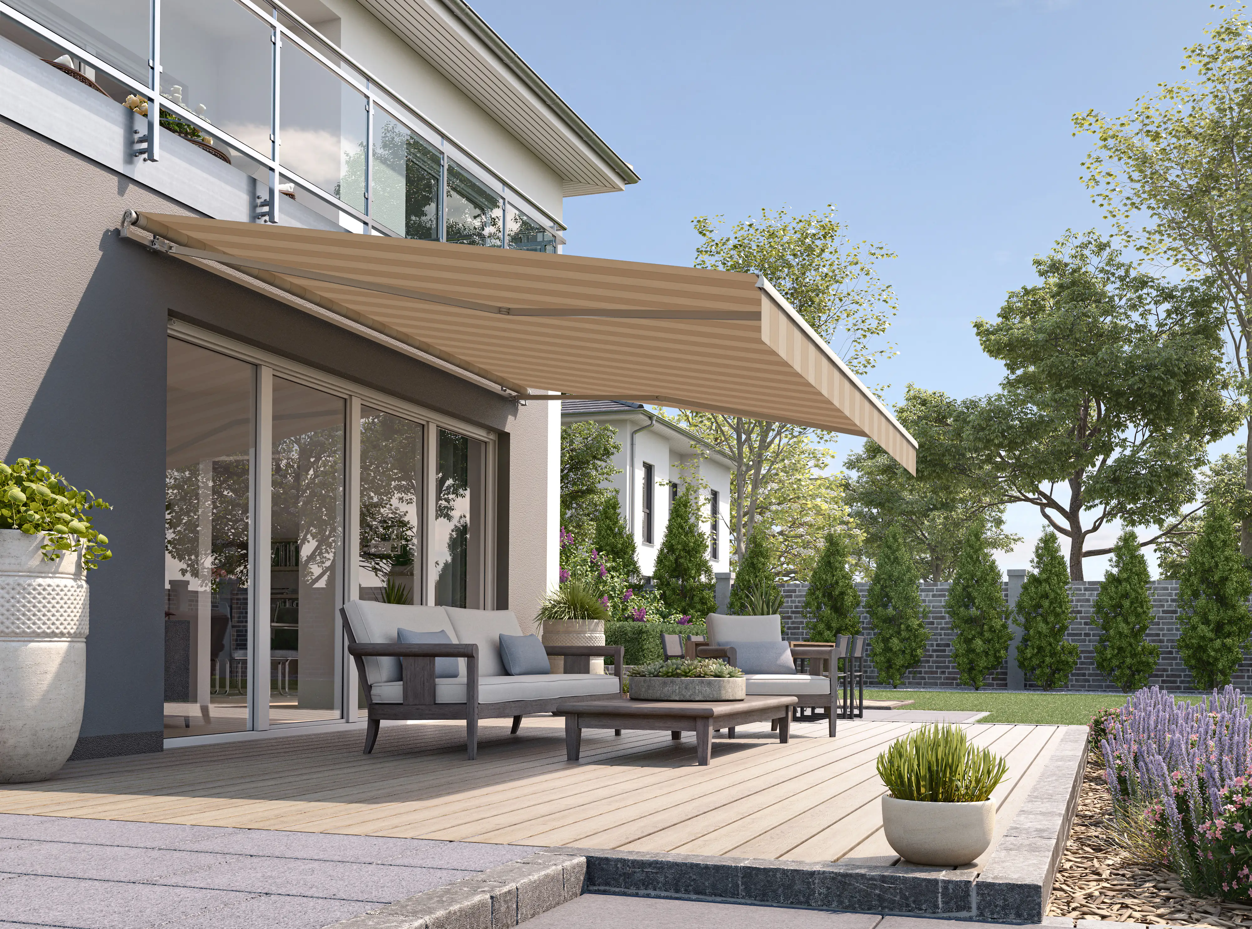 Gelenkarmmarkise Classic beige gestreift inkl. Motor, Handsender, Solar Panel