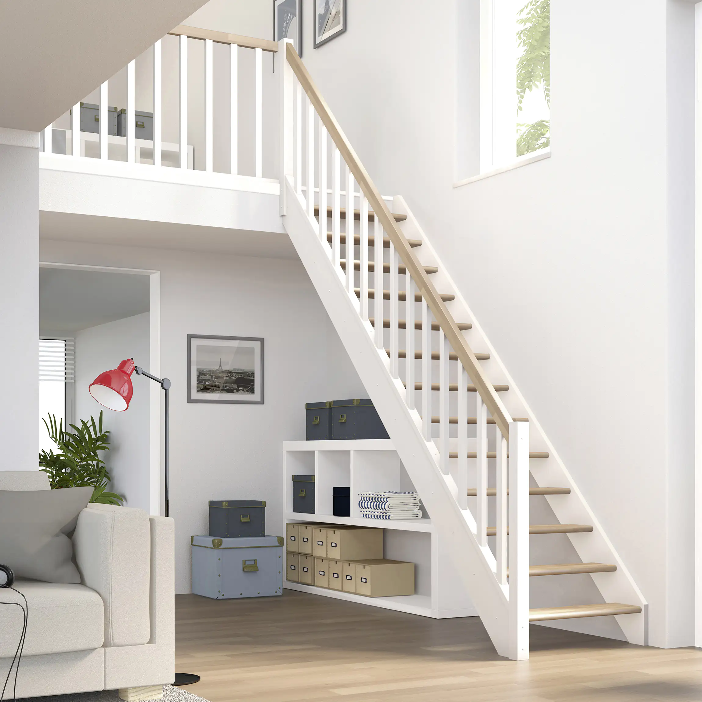 Dolle Raumspartreppen Paris gerade Buche weiß inkl. Geländer