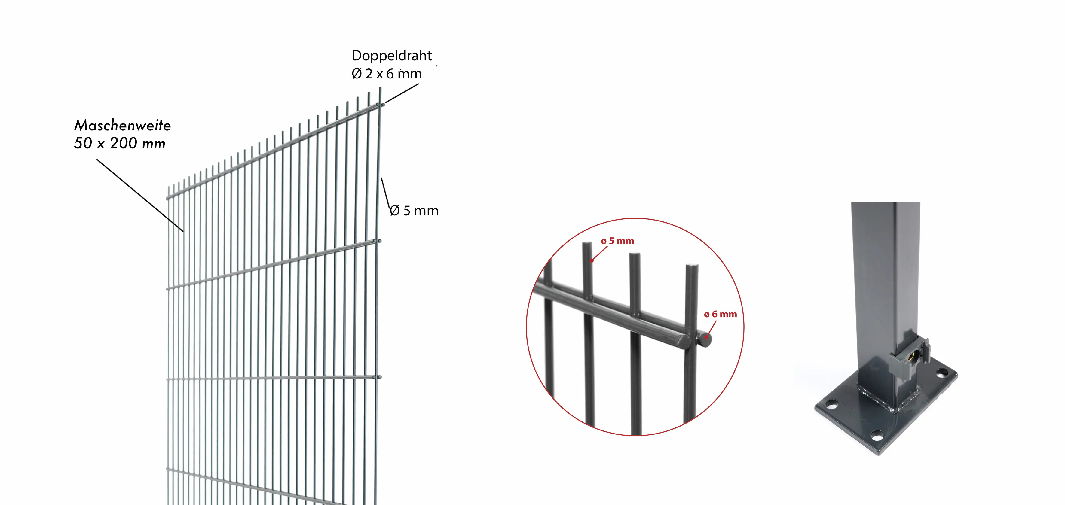 Floraworld Doppelstabmatten-Zaun Set Comfort 20 m 201 x 103 cm mit Bodenplatte & 11 Pfosten 109 cm anthrazit