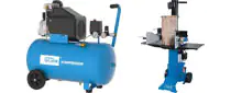 Zwei blaue Maschinen nebeneinander auf weißem Hintergrund: links ein mobiler Kompressor mit schwarzem Motorblock, Griff und zwei Rädern, rechts ein stehender Holzspalter mit eingelegtem Holzstück auf der Spaltfläche.