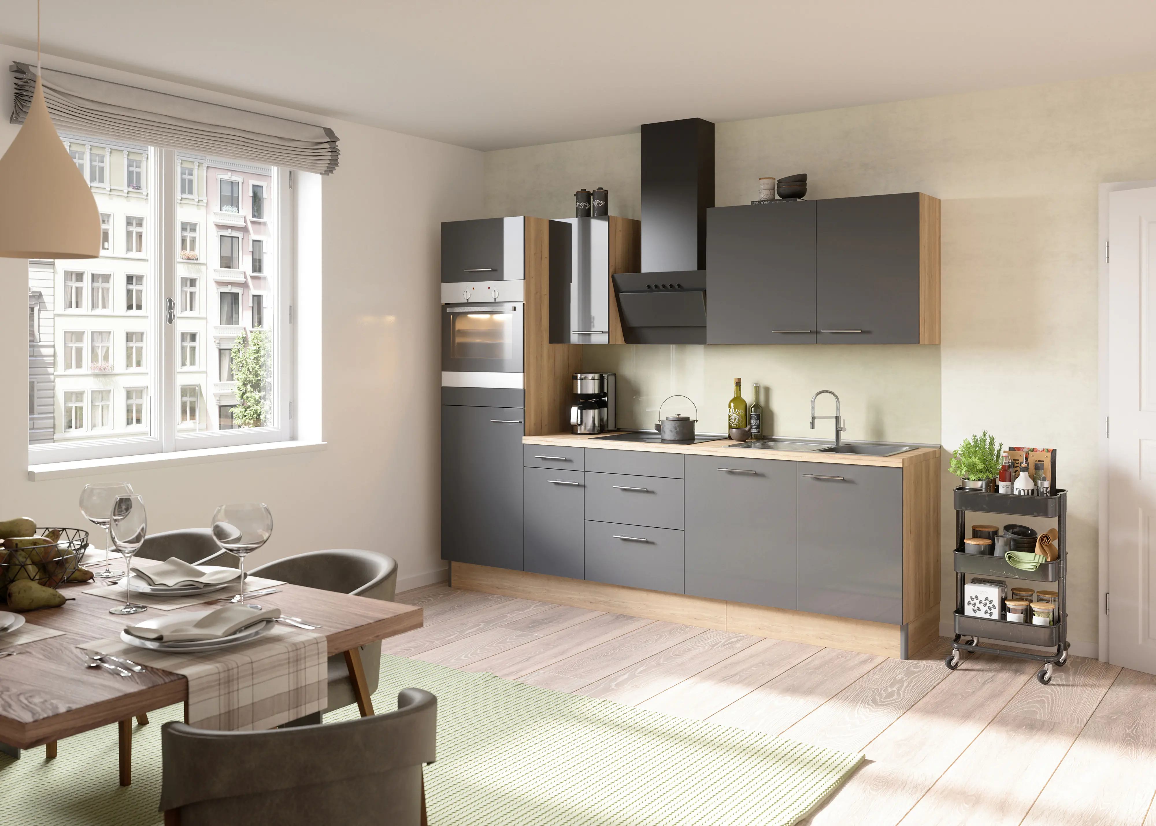 Optifit Jonte Küchenzeile mit E-Geräte hochglanz anthrazit 270 cm