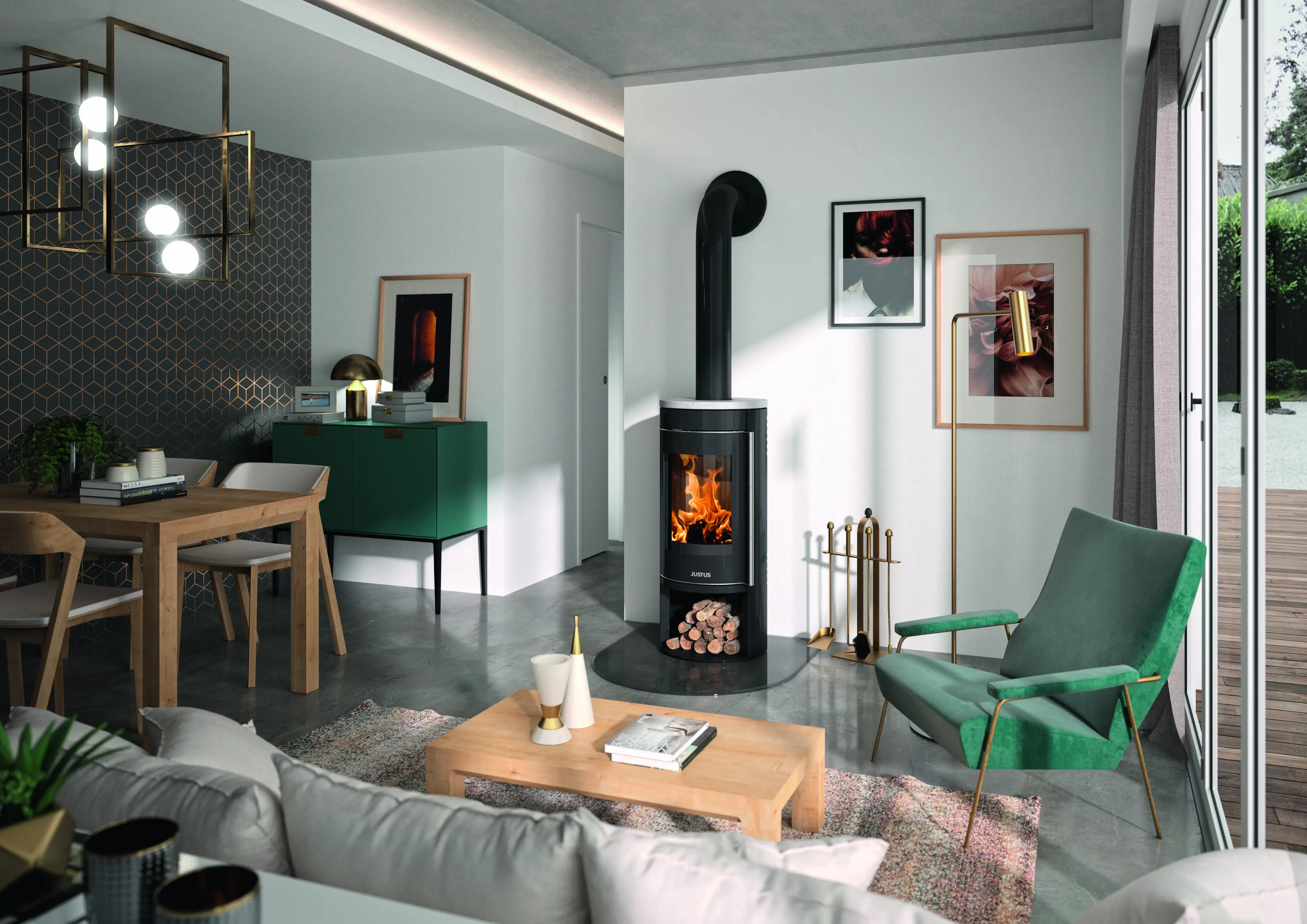 Justus Kaminofen Mino 2.0 Stahl schwarz mit Abdeckplatte Speckstein  5,5 kW