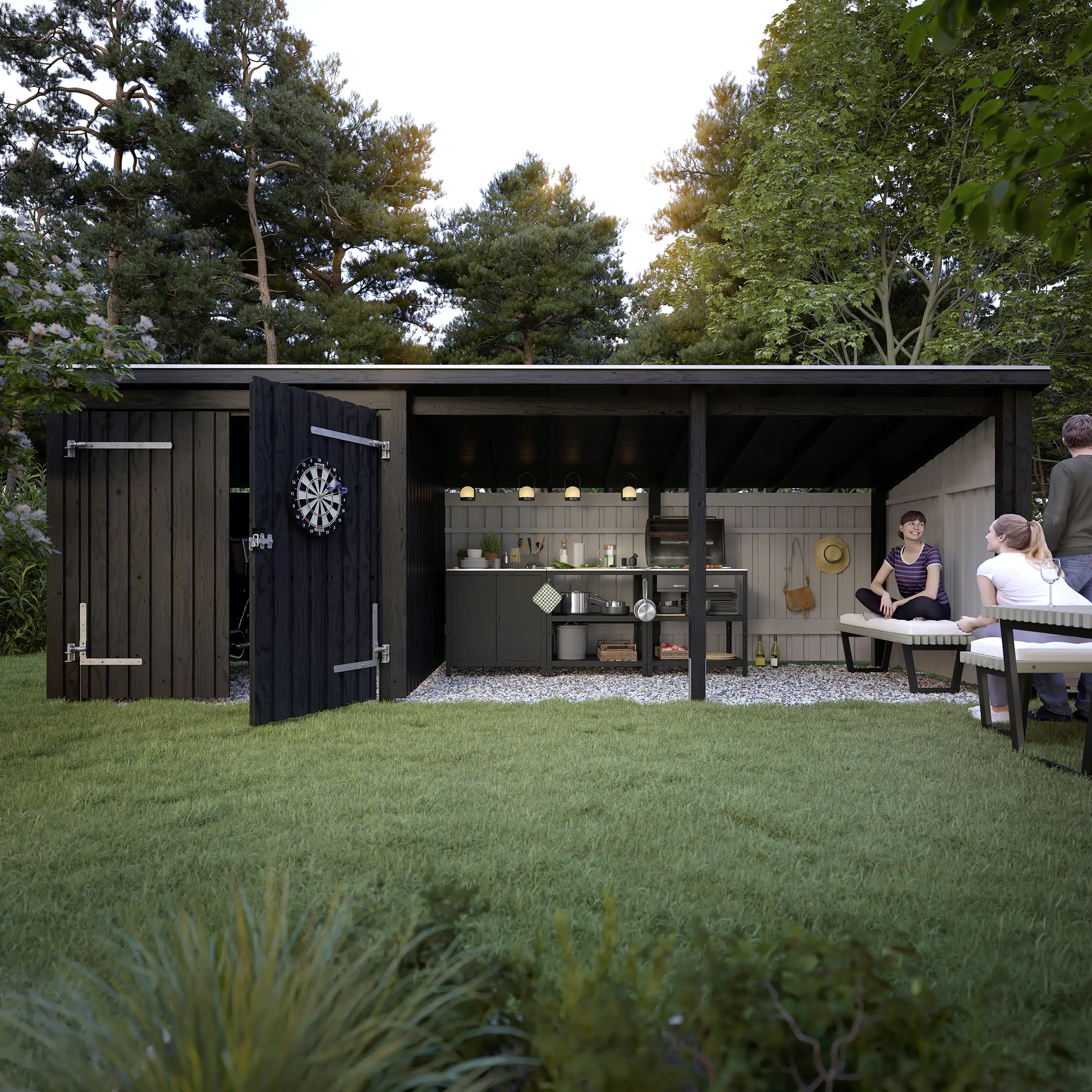 Plus Gartenhaus Nordic Multi 619 x 208 cm natur mit Doppeltür, offen, Dachpappe