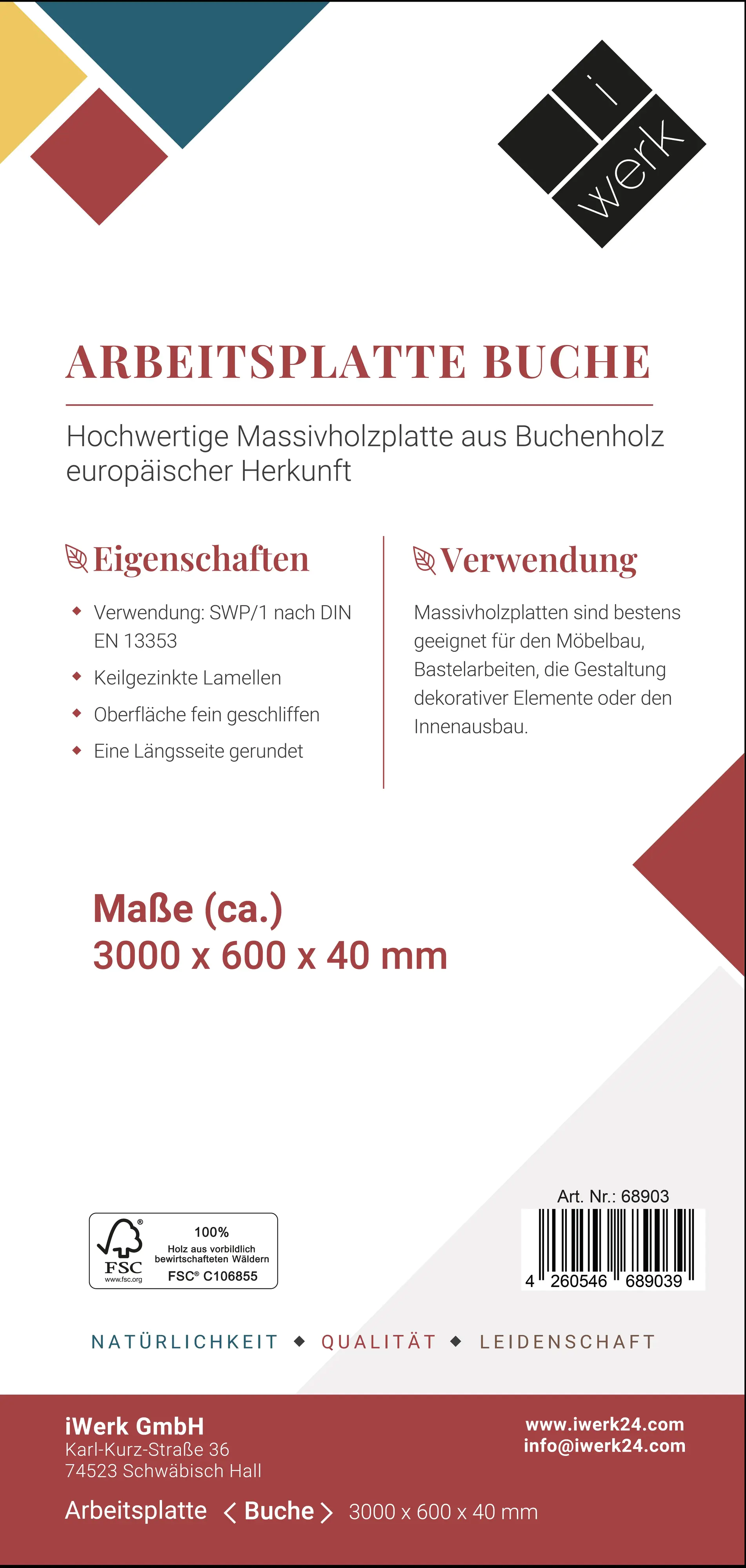 Arbeitsplatte Buche massiv 300 x 60 x 4 cm geschliffen