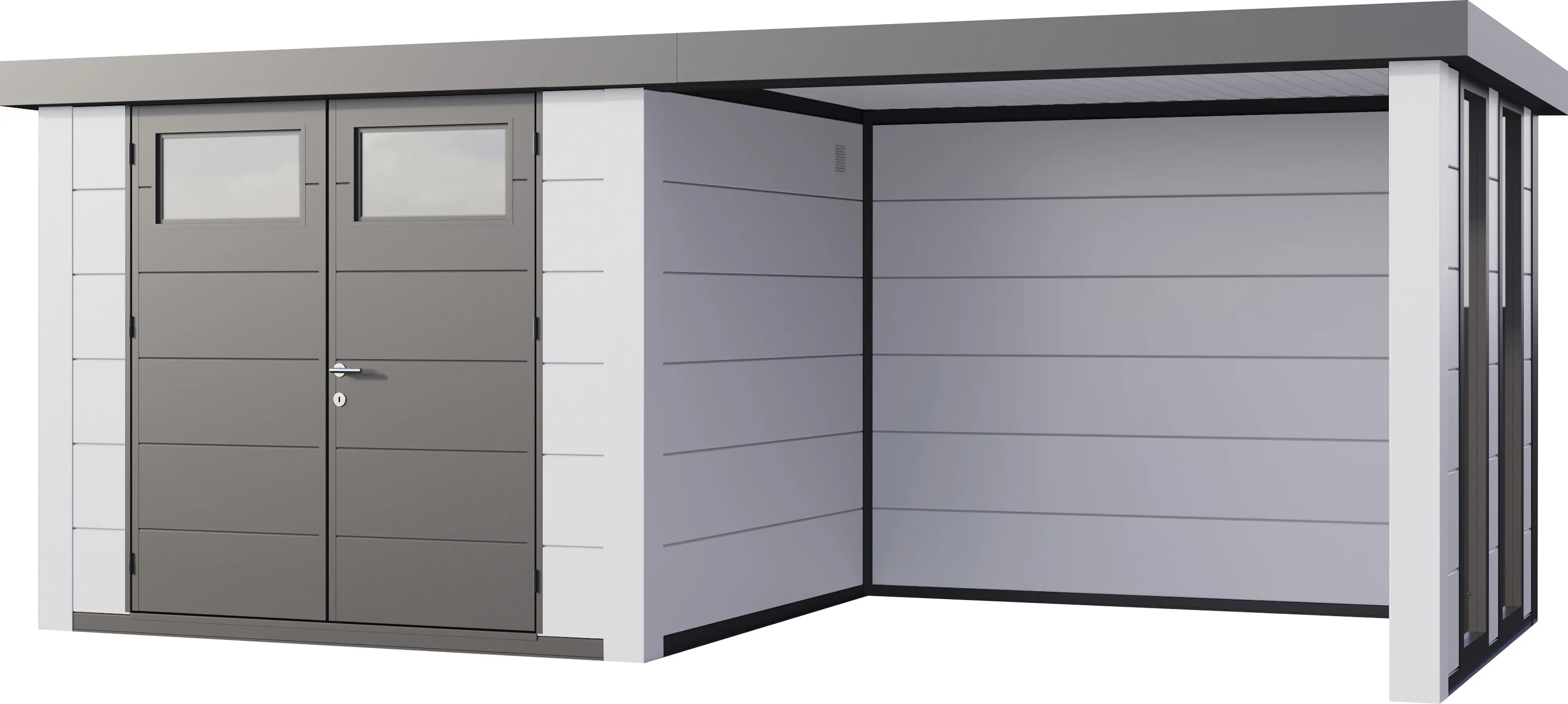 Telluria Gerätehaus Classico Lounge S mit Fenstern 2724 rechts EW weiß 552 x 238 cm